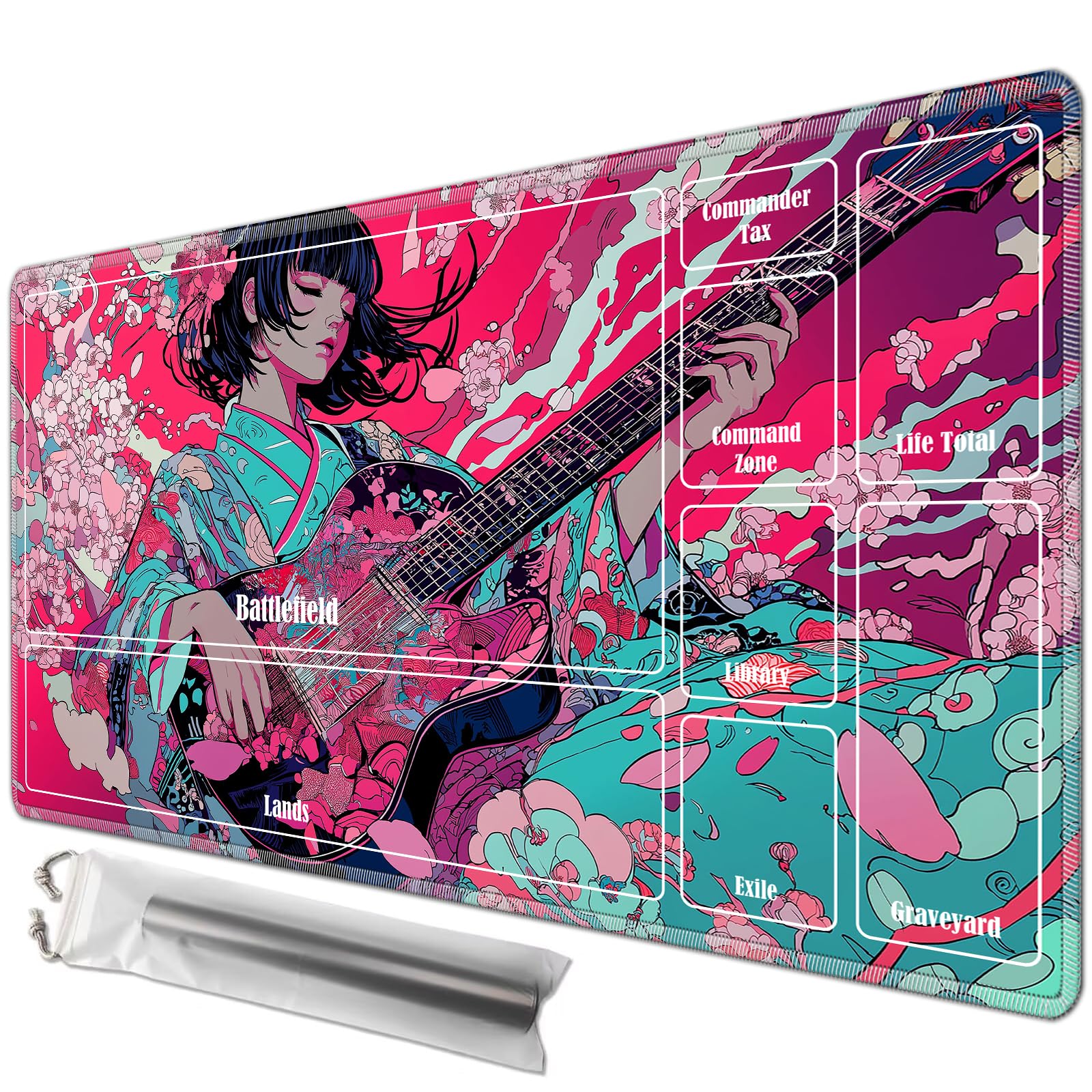 JANENFNA Playmat 24" x 14" with Magic Zones for MTG Card Game Playing, Board Game Mat for Card Breaking Commander Deck Gaming Card Game Battles Mat with Storage Bags, Sakura Guitar Girl — image 1