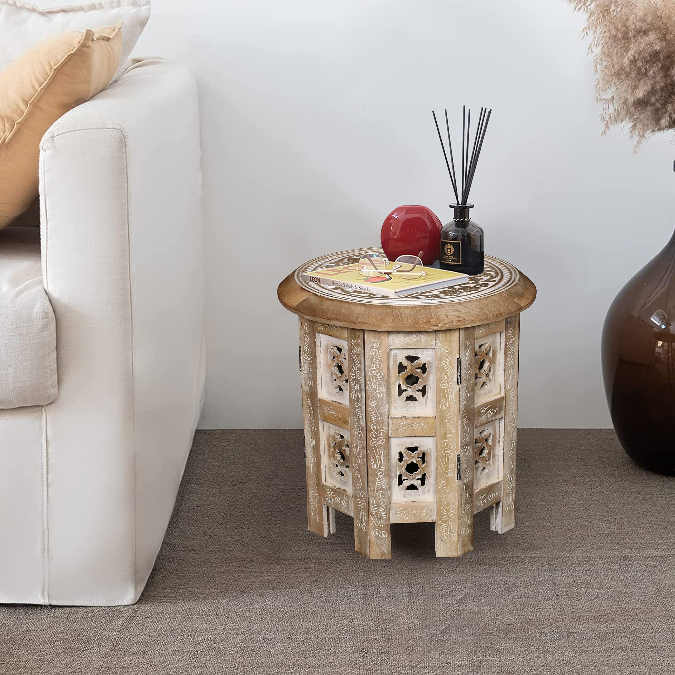 topfurnishing Beautiful Round Hand Carved Indian Shesham Wooden Coffee Table Side (Beige, 12" x 12" x 12")