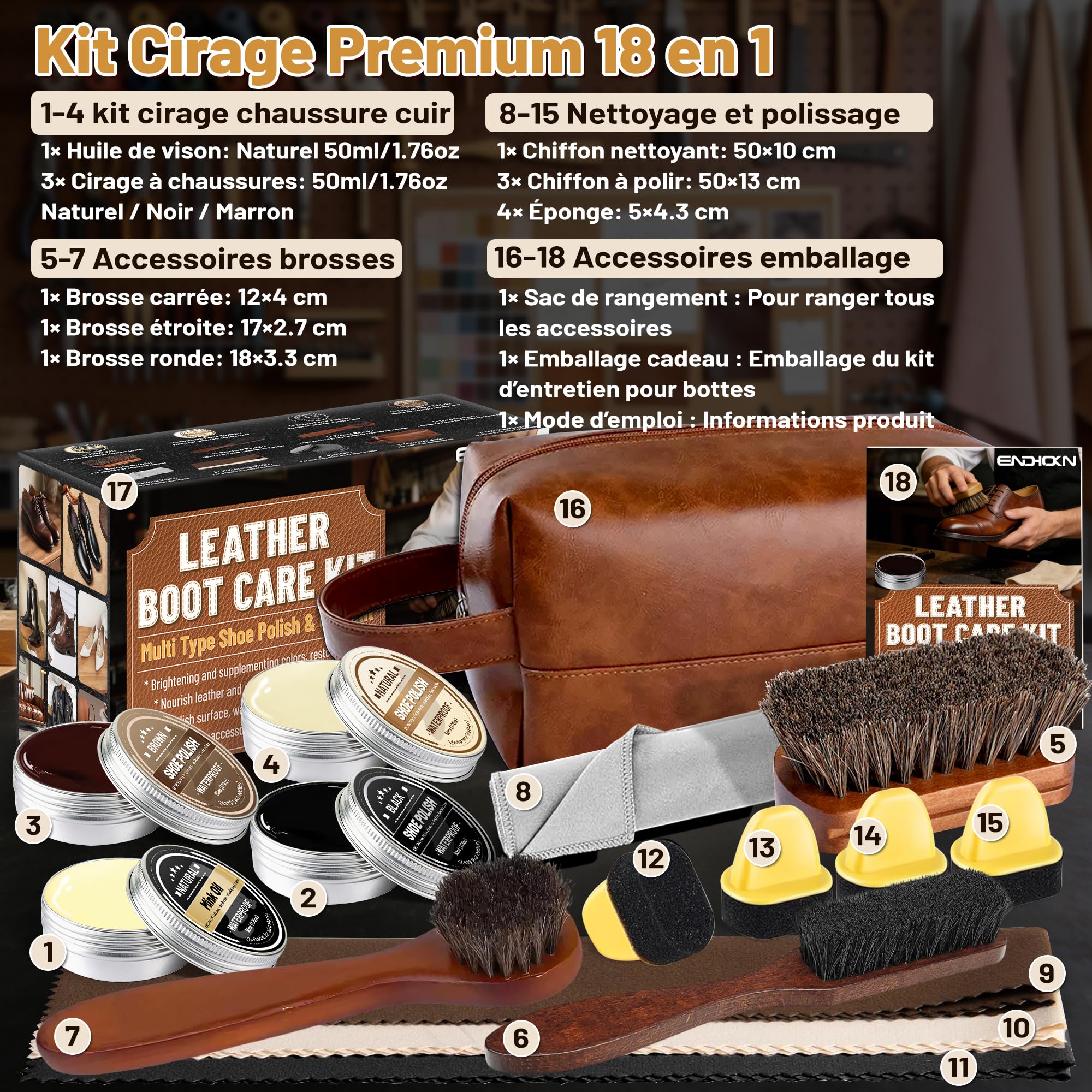 Endhokn Kit Entretien Chaussure Cuir 18PC, Cirages et Produits d'entretien Chaussures Huile de Vison, Neutre/Noir/Marron Cire à Chaussures, Brosses en Crin de Cheval, Kit Cirage Chaussure Cuir