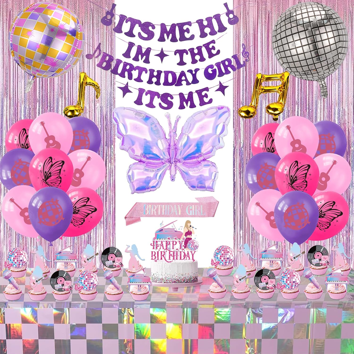 Pink Purple Music Theme Birthday Party Decorations, Its Me Hi Im The Birthday Girl Its Me Party Banner, Disco Cake Topper Sash Tablecloth for Girls Party Supplies
