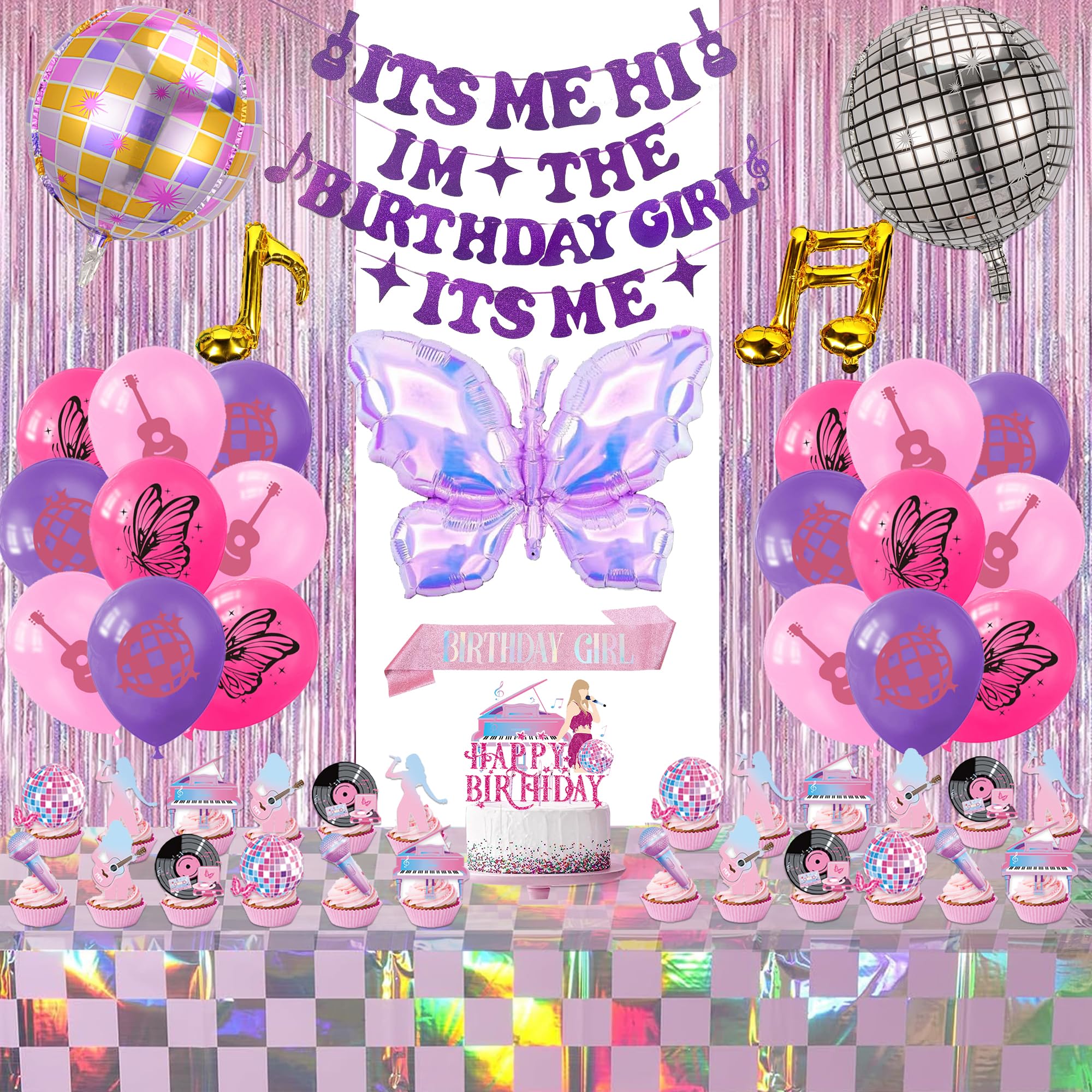 Pink Purple Music Theme Birthday Party Decorations, Its Me Hi Im The Birthday Girl Its Me Party Banner, Disco Cake Topper Sash Tablecloth for Girls Party Supplies