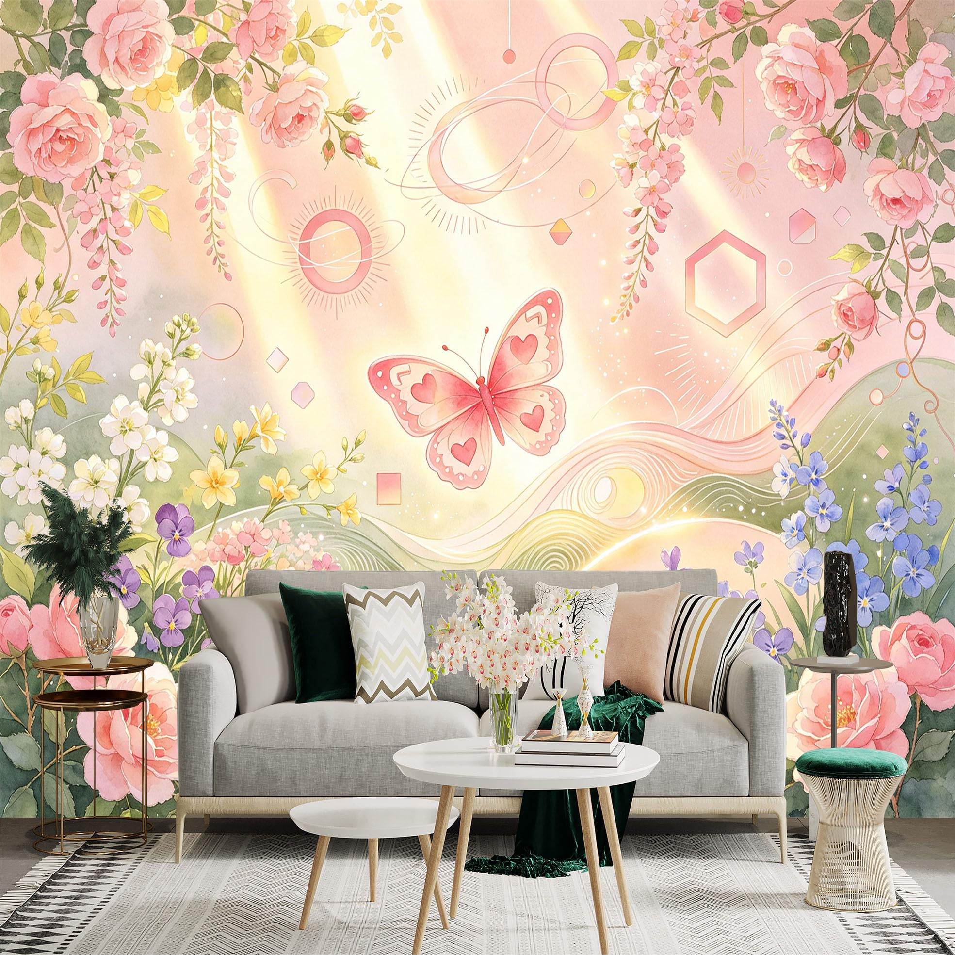 Custom Size Wall Sticker Mural， Pink Butterfly in Floral Garden， Watercolor Roses and Blossoms， Dreamy Botanical Scenery， for wall Decoration， peelandstick wall Decals.
