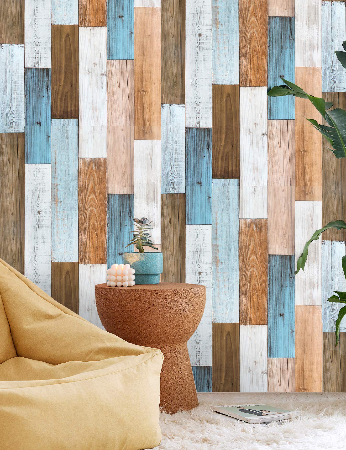 Self Adhesive Wallpaper Wood Effect, 44.5 x 500 cm Colorful Wood Grain Stripe Panel Effect Wallpaper Wooden Slat Wall paper Self Adhesive Furniture Wrap for Living Room,Bathroom,Drawer,Cabinets — image 1
