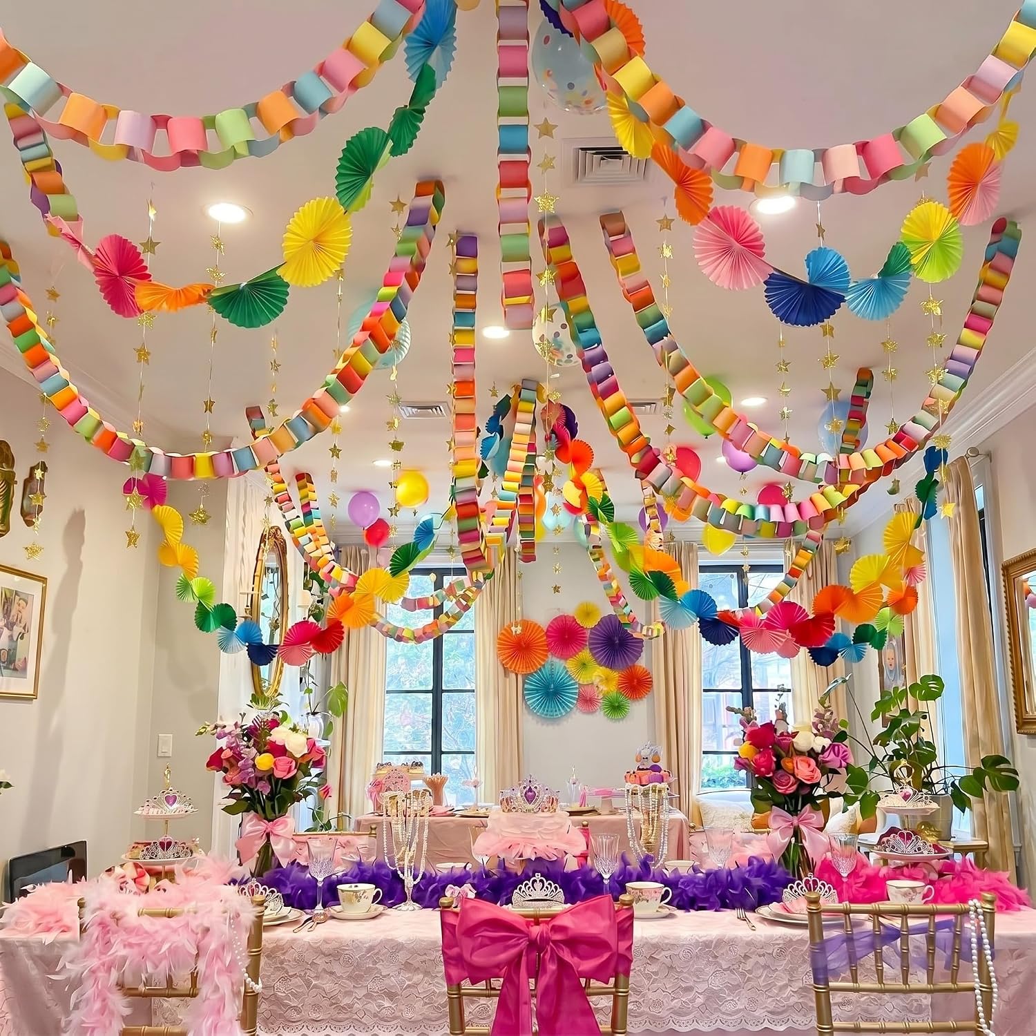 500 Sheets Paper Chain Strips and 4 PC Mirror Star Garland 3 Paper Fan Garland Garlands for Birthday Graduation Wedding Bachelorette Christmas Ceiling Hanging Decorations