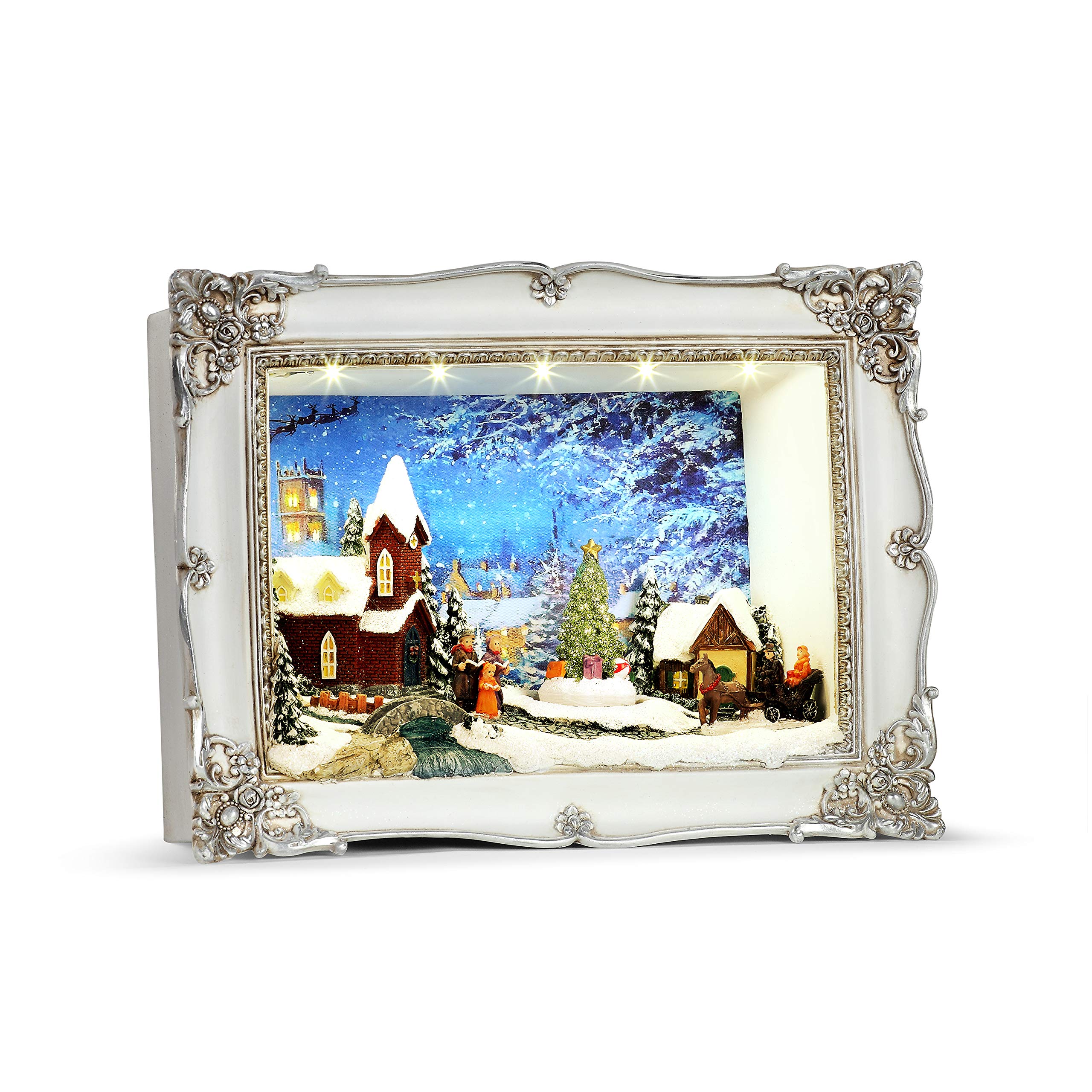 Iglesia navideña en caja de sombra Mr. Christmas con acabados artesanales detallados
