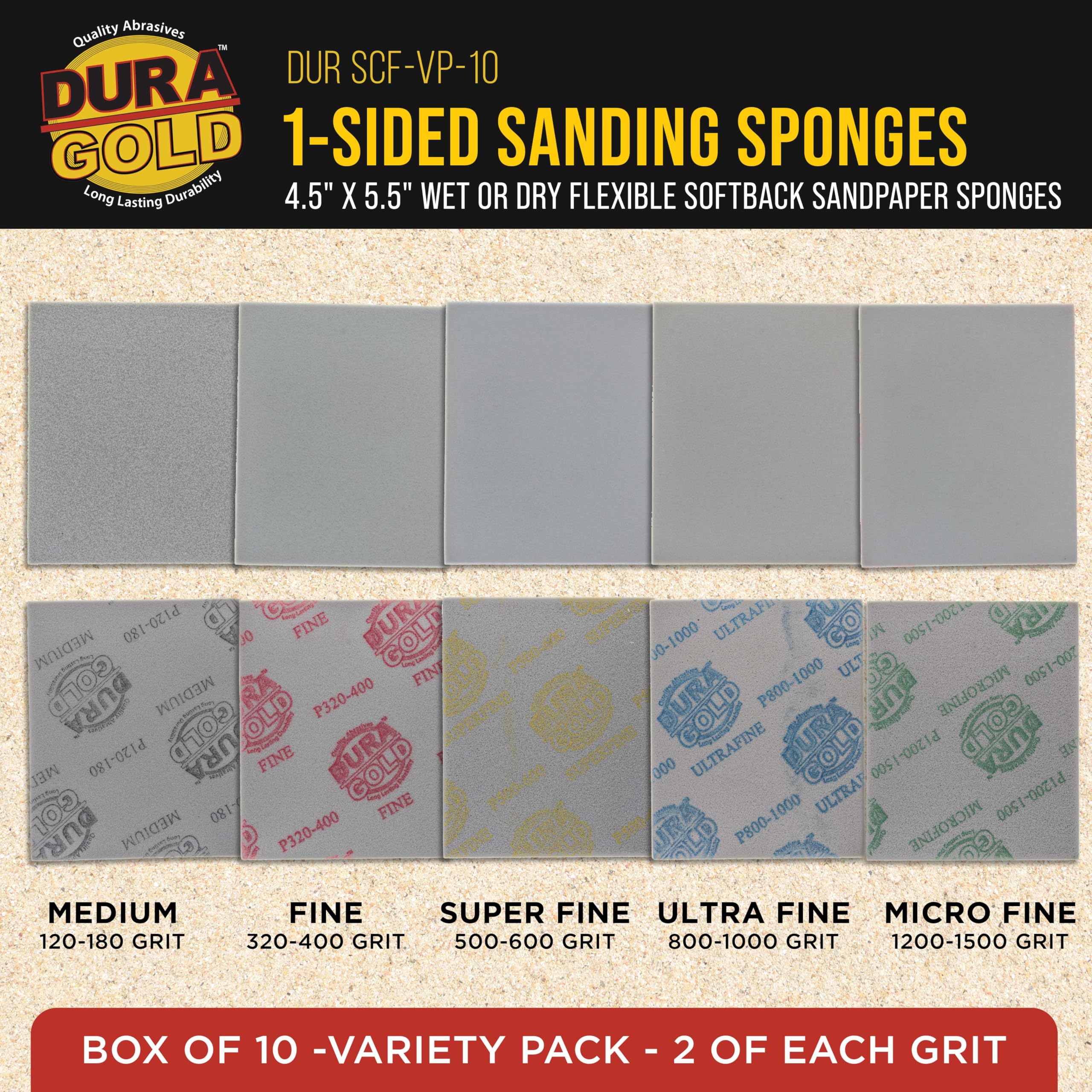 Dura-Gold Paquete variado de esponjas de lijado de doble cara, caja de 20, grano 180, 240, 320, 400, 800-4.7 x 3.9 pulgadas, esponjas de papel de lija flexibles en húmedo o seco, almohadilla de bloque