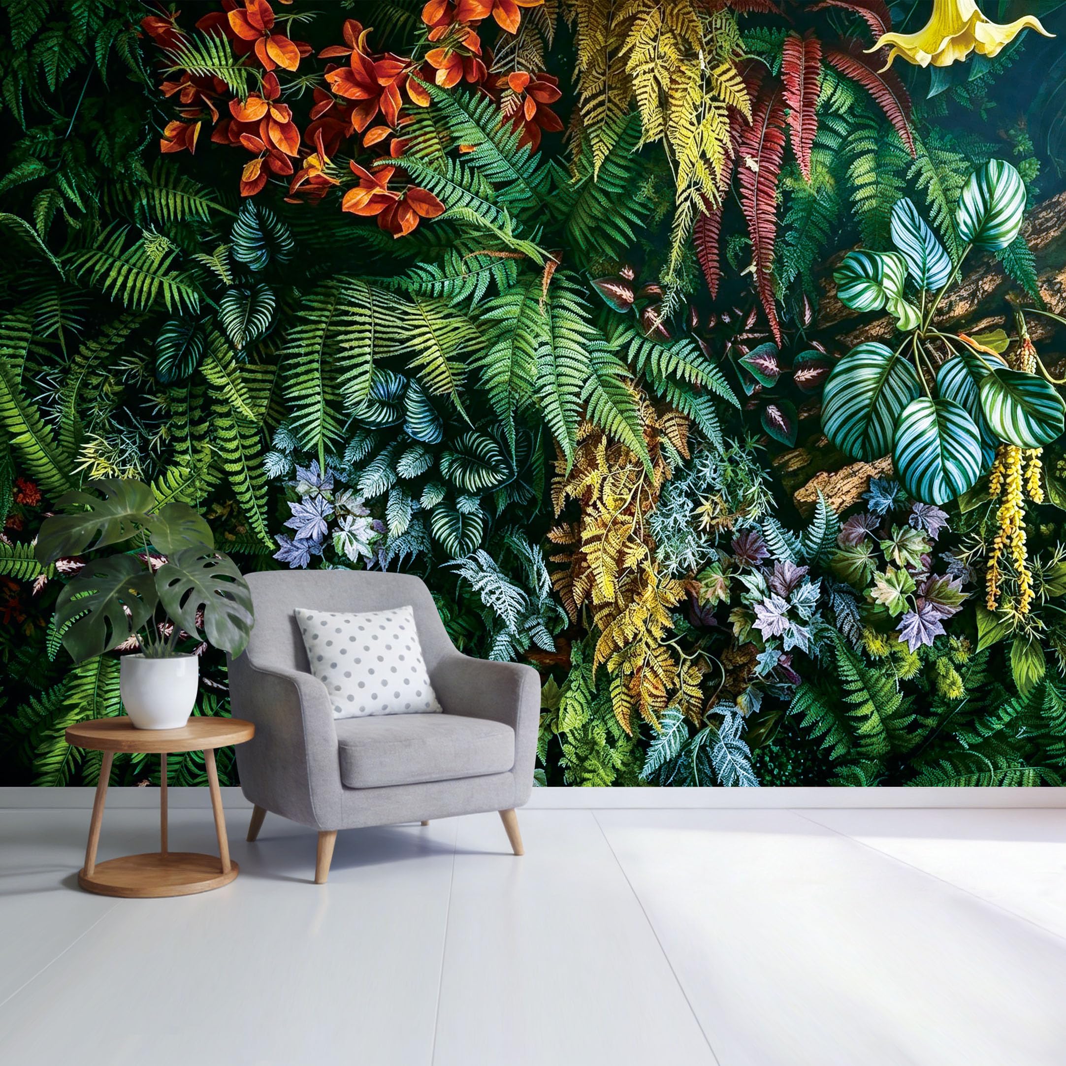 Custom Size Wall Mural Tropical Botanical Fern Leaves Jungle Pattern Removable Self Adhesive Fabric， Home Wall Decor for Living Room Bedroom Bathroom Background