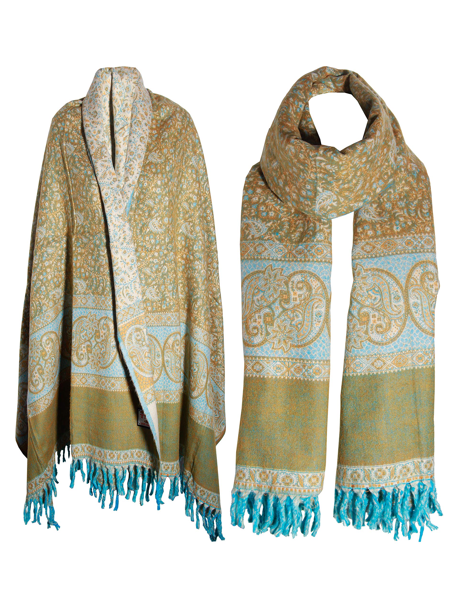 TIBET Handgefertigter Schal mit Blumenmuster, Übergröße, wendbar, weicher und warmer Winterschal aus reiner Yakwolle, Limettengrün, grün, One size