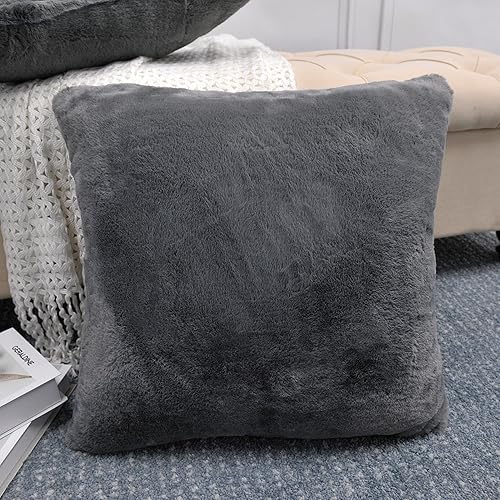 Miniatura 15 de Juego de 2 fundas de almohada de piel sintética de conejo de 20 x 20 pulgadas, fundas de almohada cuadradas decorativas de felpa peludas acogedoras