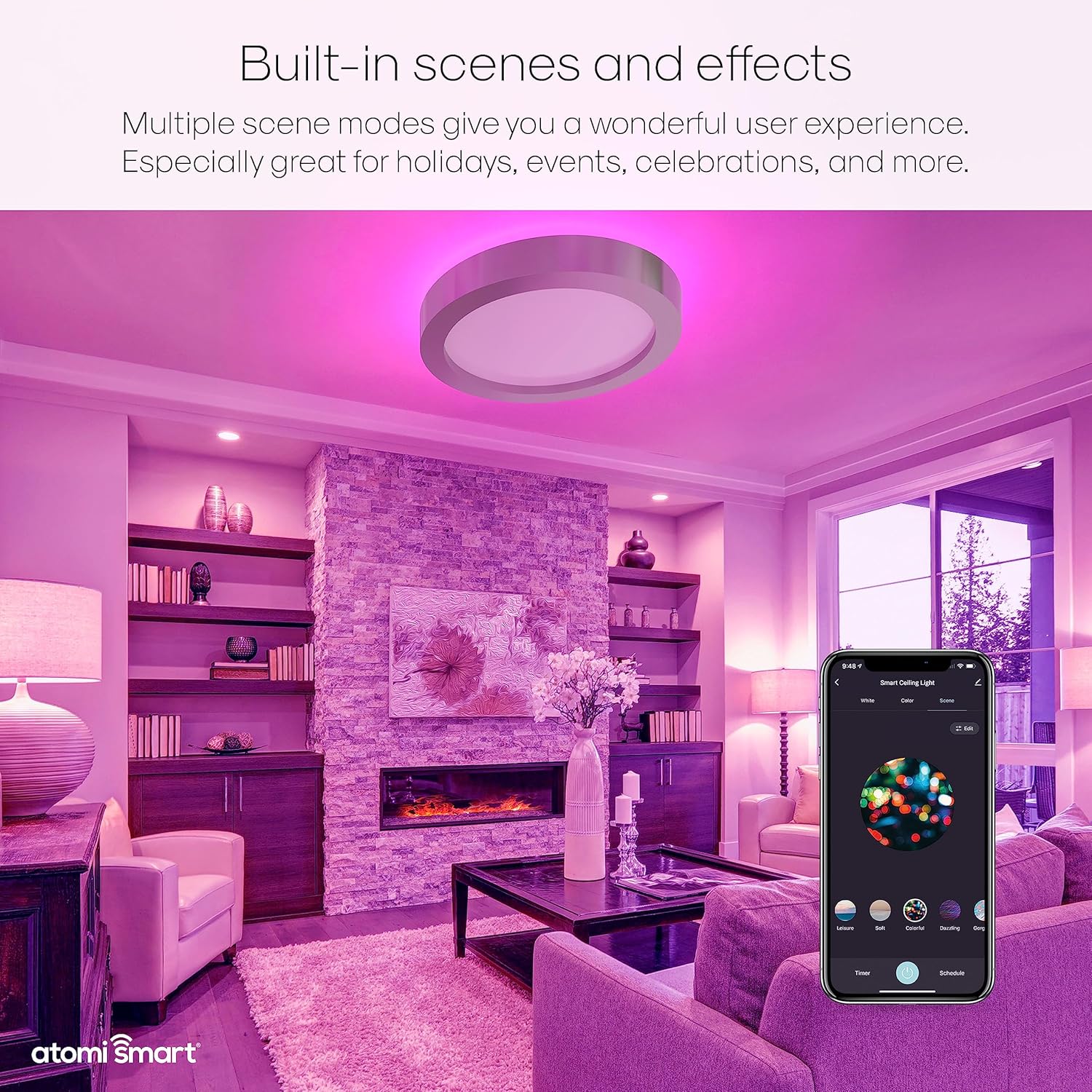 Living room with purple lighting from the Atomi Smart Ceiling Light, showing scene options on a smartphone