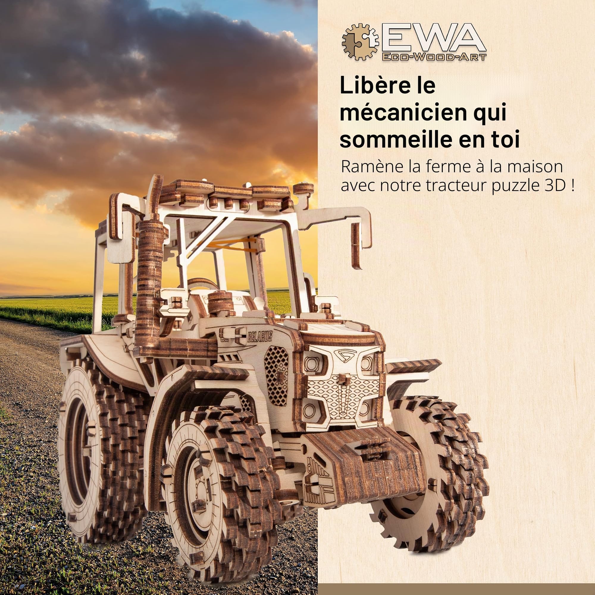 EWA Eco-Wood-Art - Tractor BELARUS-82 - Puzzle 3D mécanique en Bois - Casse-tête pour Adultes et Adolescents -à Monter soi-même sans Colle- 269 pièces, Naturel