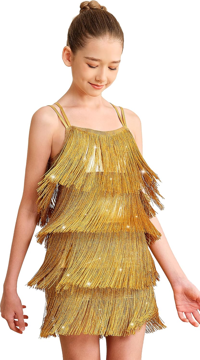 Girls 1920s Flapper Tassel Dress Sequin Fringe Latin Dance Dress Party Ballroom Dance Costumes