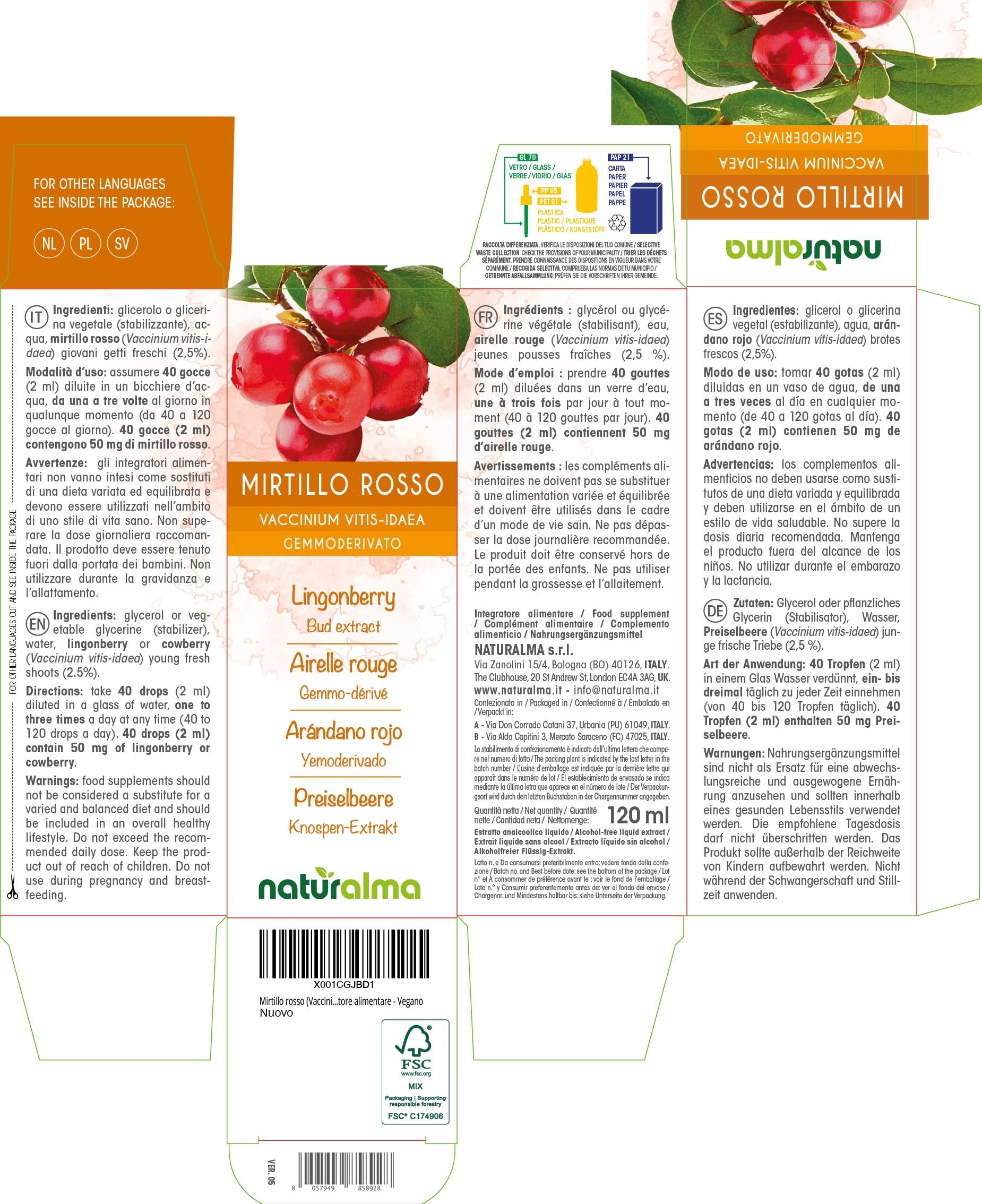 Preiselbeere (Vaccinium vitis-idaea) Alkoholfrei Knospen-Extrakt aus frishen knospen Naturalma - Flüssig-Extrakt Tropfen 120 ml - Nahrungsergänzungsmittel - Veganer
