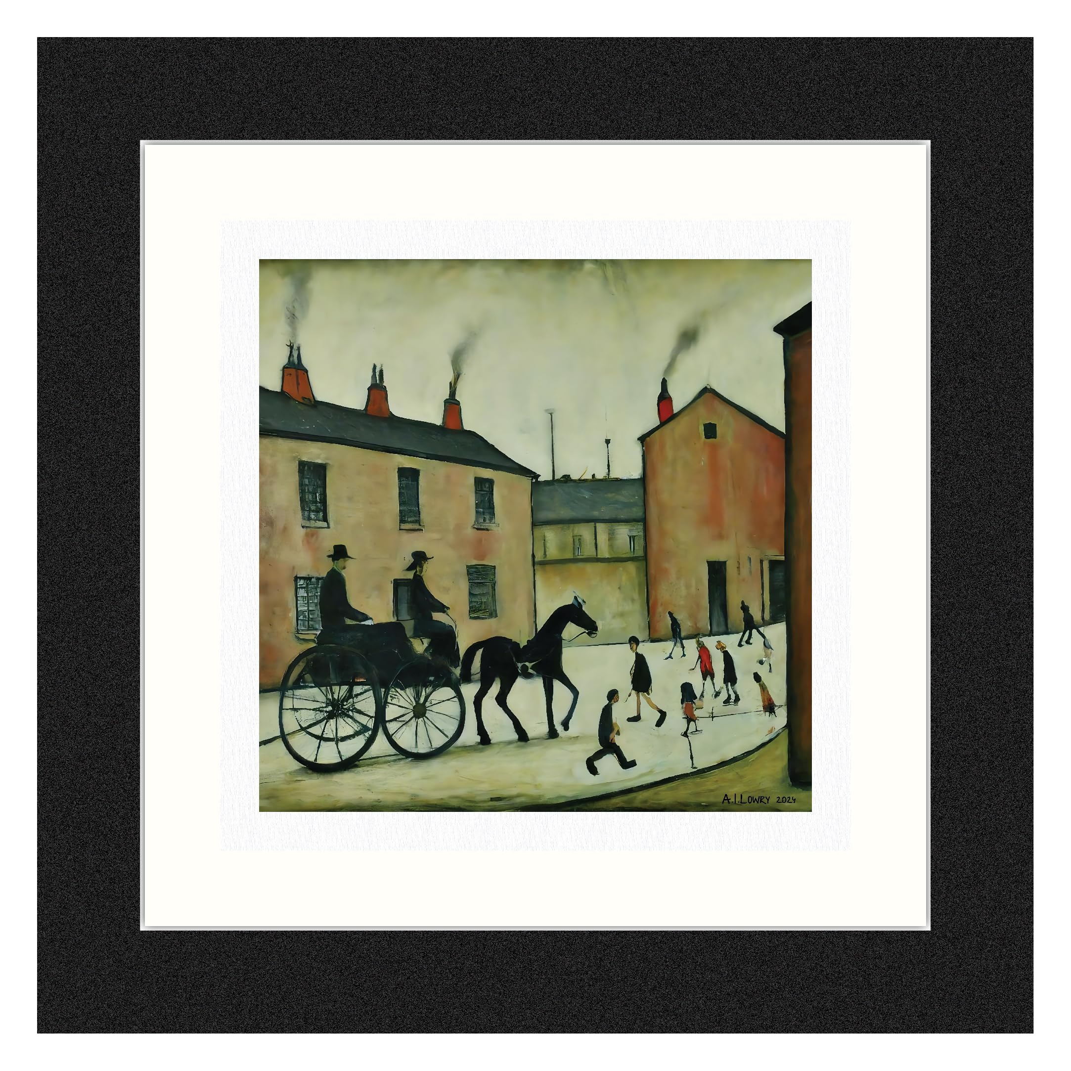 Greetingles Lowry-Style 12"/31cm Square Framed Print. Beautiful Black Ash Frame (Lowry, Horsedrawn Carriage) — image 1