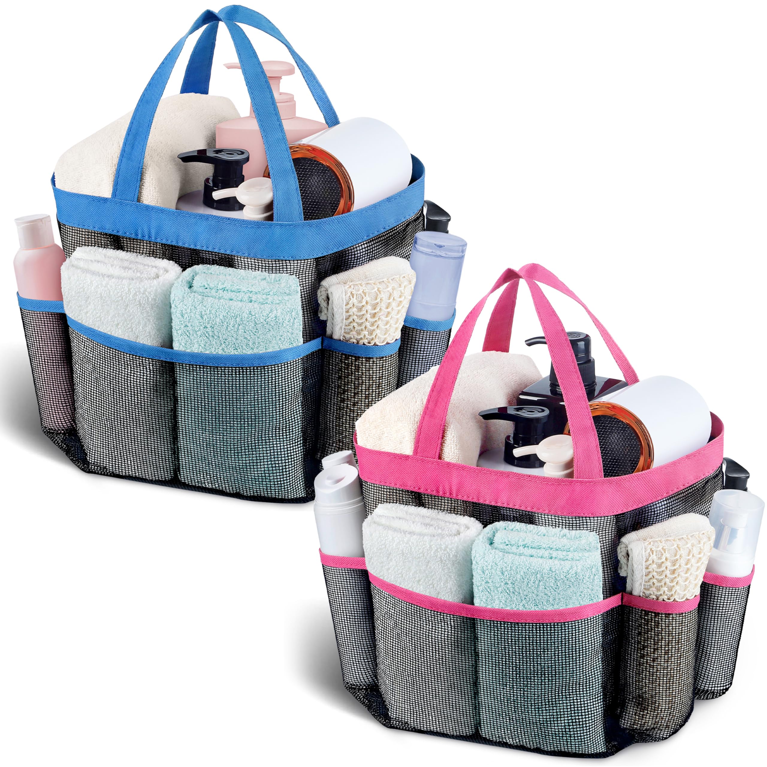 Attmu Paquete de 2 bolsas de malla portátil para ducha con 8 bolsillos de almacenamiento de malla, bolsa de ducha impermeable de secado rápido Oxford