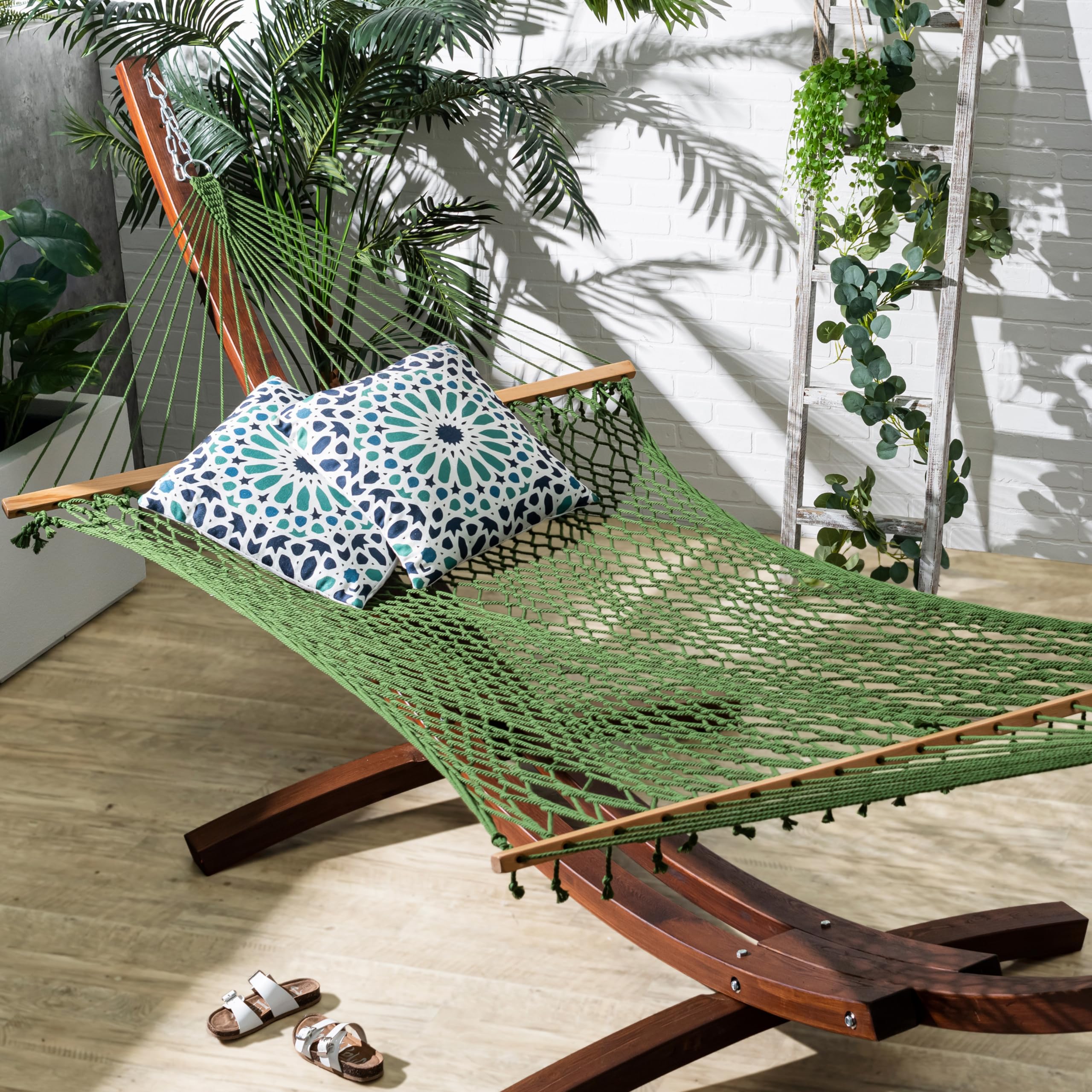 Fab Habitat Rope Recycled Polyester Hammock - Miami - Green - Indoor/Outdoor, Quick Dry, 2 Person 400 lbs Capacity - Patio, Poolside, Backyard, Garden, Beach, Balcony - 12-14 ft Adjustable