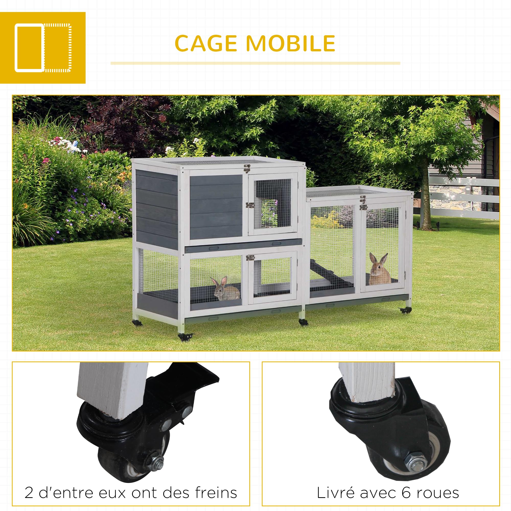 PawHut Clapier à Lapin en Bois sur roulettes 147 x 45,5 x 88,5 cm Cage à Lapin à 2 Niveaux avec Toit ouvrant 3 Plateaux Amovibles 3 Portes avec loquet et Rampe Gris