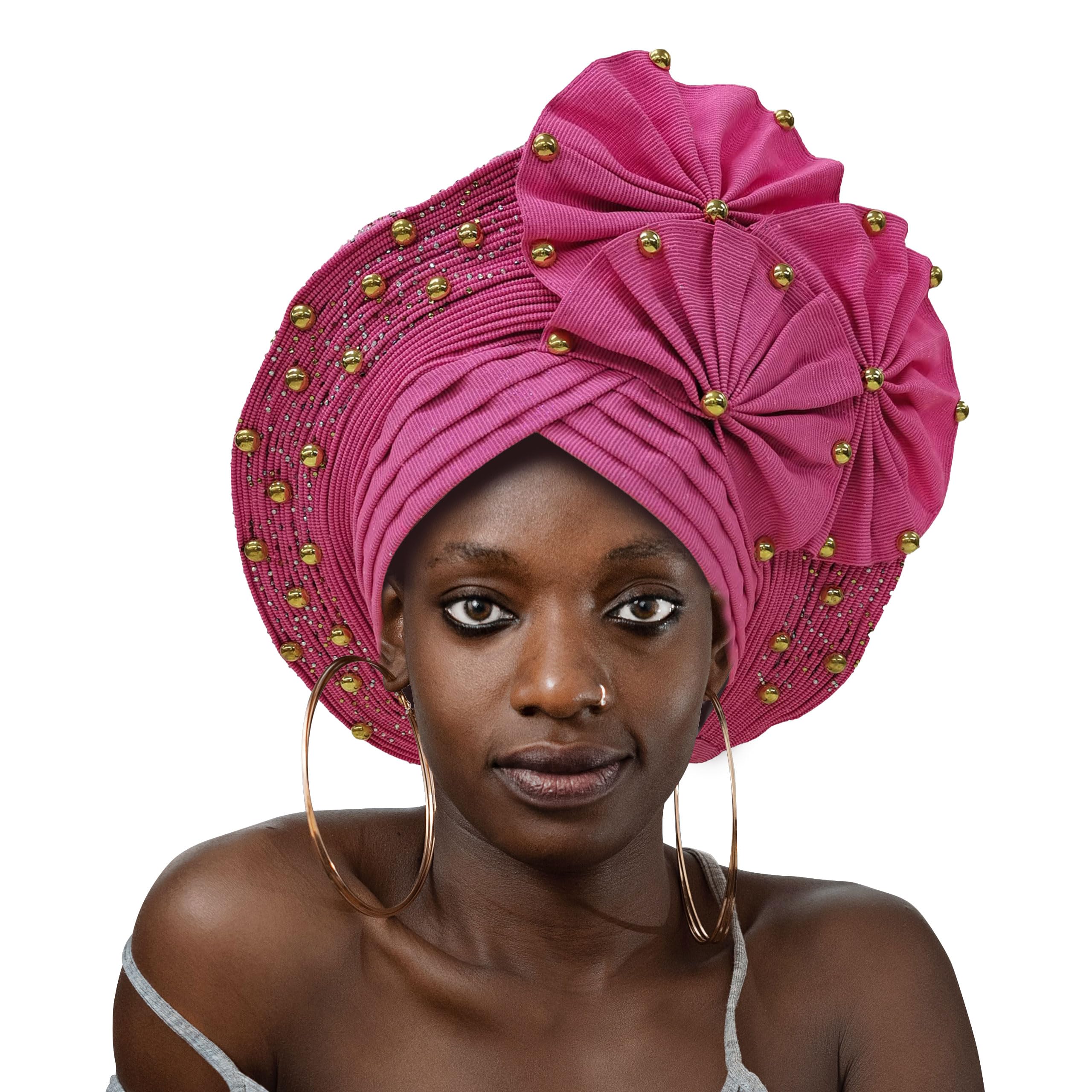 QliHut Nigerian Gele Headties With Beads And Stones African Headtie Women Head Wrap Already Made Auto (Pink,1)