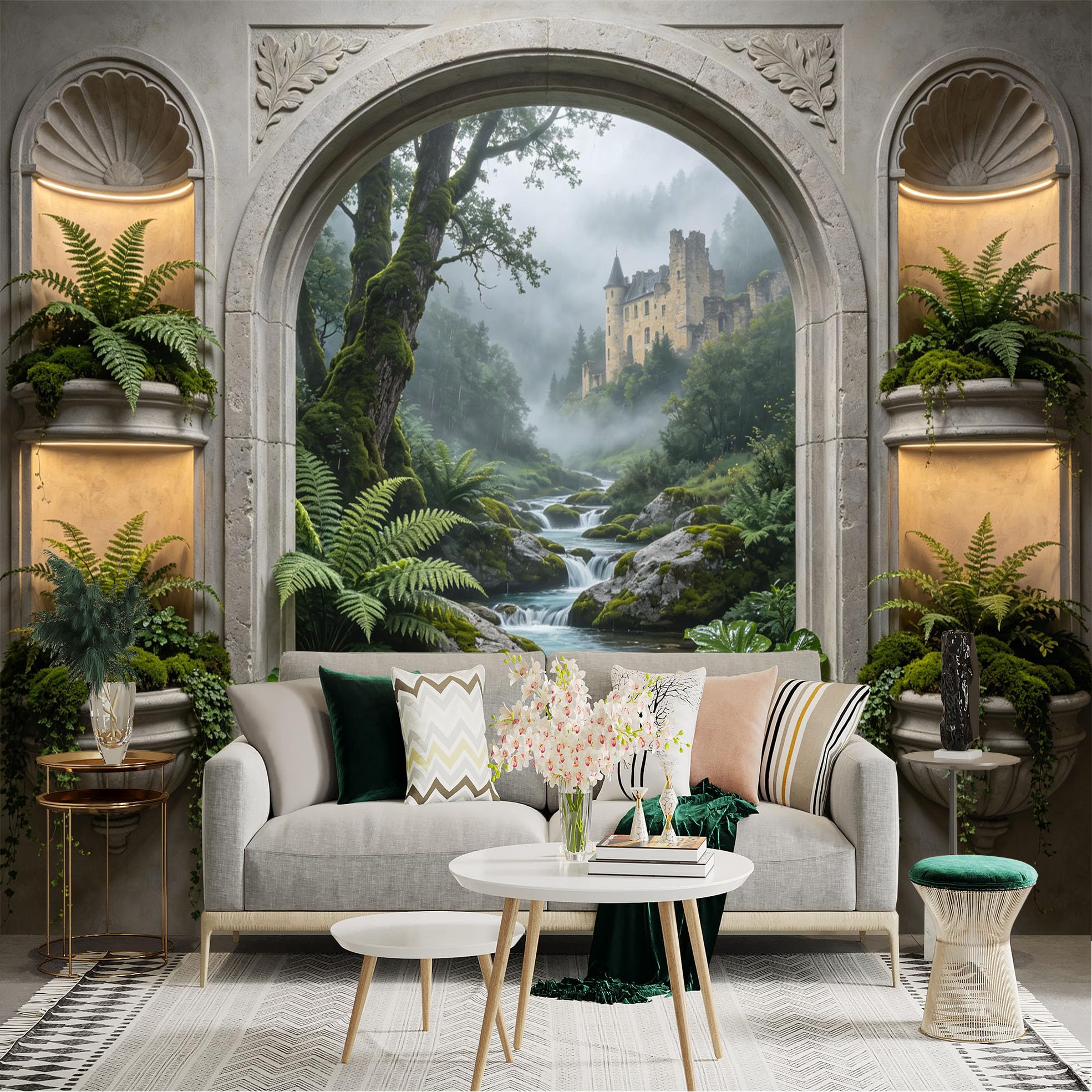 Lnzczhyre Dbh260521593 Custom Size Wall Sticker Mural， Misty Forest Castle View， Stone Arch Window， Lush Green Landscape， Flowing River， For Wall Decoration， Peelandstick Wall Decals.