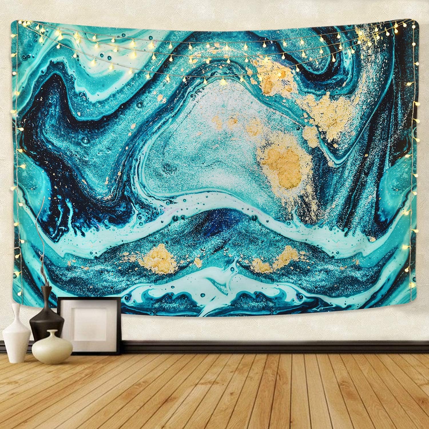 Likiyol Marble Tapestry, Blue Gold Ocean Art Tapestry Natural Luxury Swirl Marble Tapestries Liquid Flow Gouache Tapestry for Room