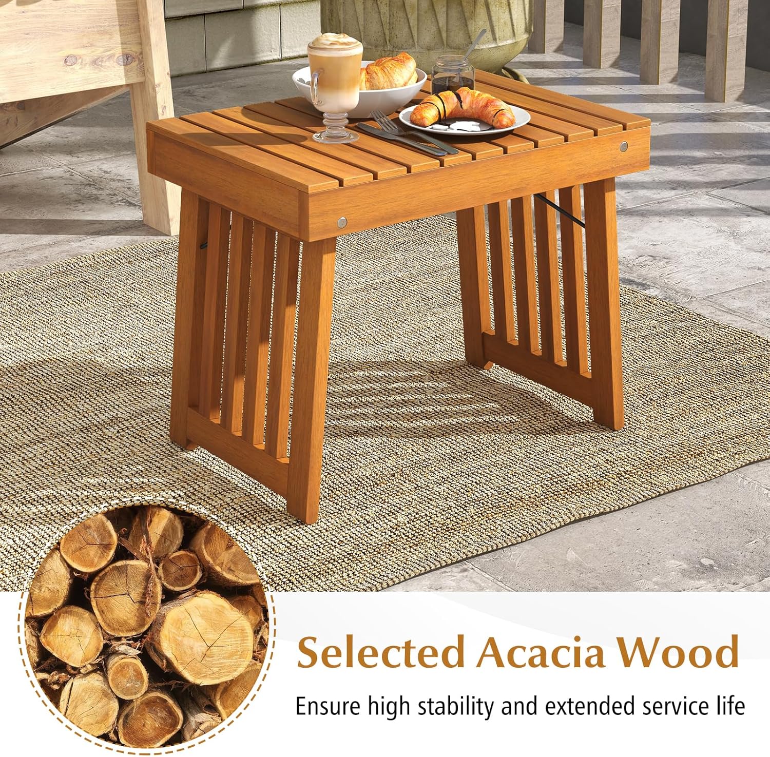 Tangkula Patio Foldable Side Table, Outdoor Folding Acacia Wood Coffee Table w/Slatted Tabletop, Portable Patio Table for Backyard, Poolside, Balcony (1)