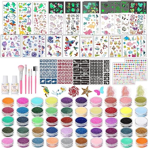 TEUVO Kit de tatuaje con purpurina para niños con 50 colores, 177 plantillas, 25 calcomanías de patrones mixtos (coloresluminosos), 2 calcomanías de