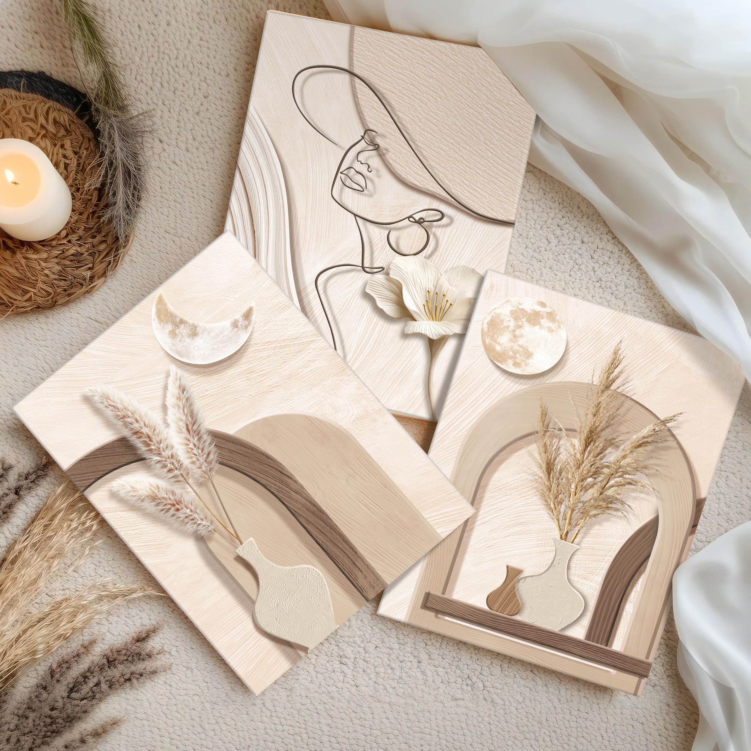 3 Pcs Abstrakt Tan Creme Geometrie Pflanzen Leinwand Bilder Mit Rahmen, Neutral Beige Schilf Bild Auf Leinwand Schlafzimmer Minimalistisch Frau Silhouette Wandbilder Wanddeko für Wohnzimmer 40X60cmX3