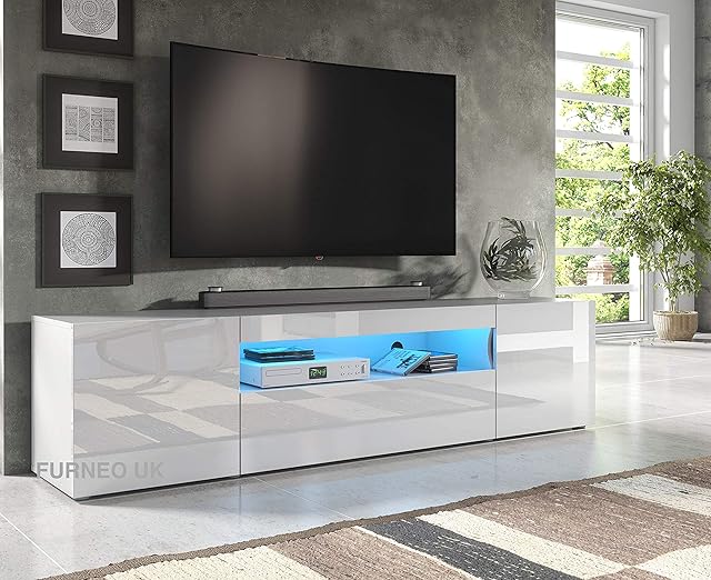 Furneo 200cm Long TV Stand Unit Cabinet Matt & High Gloss White Clifton08 Blue LED Lights