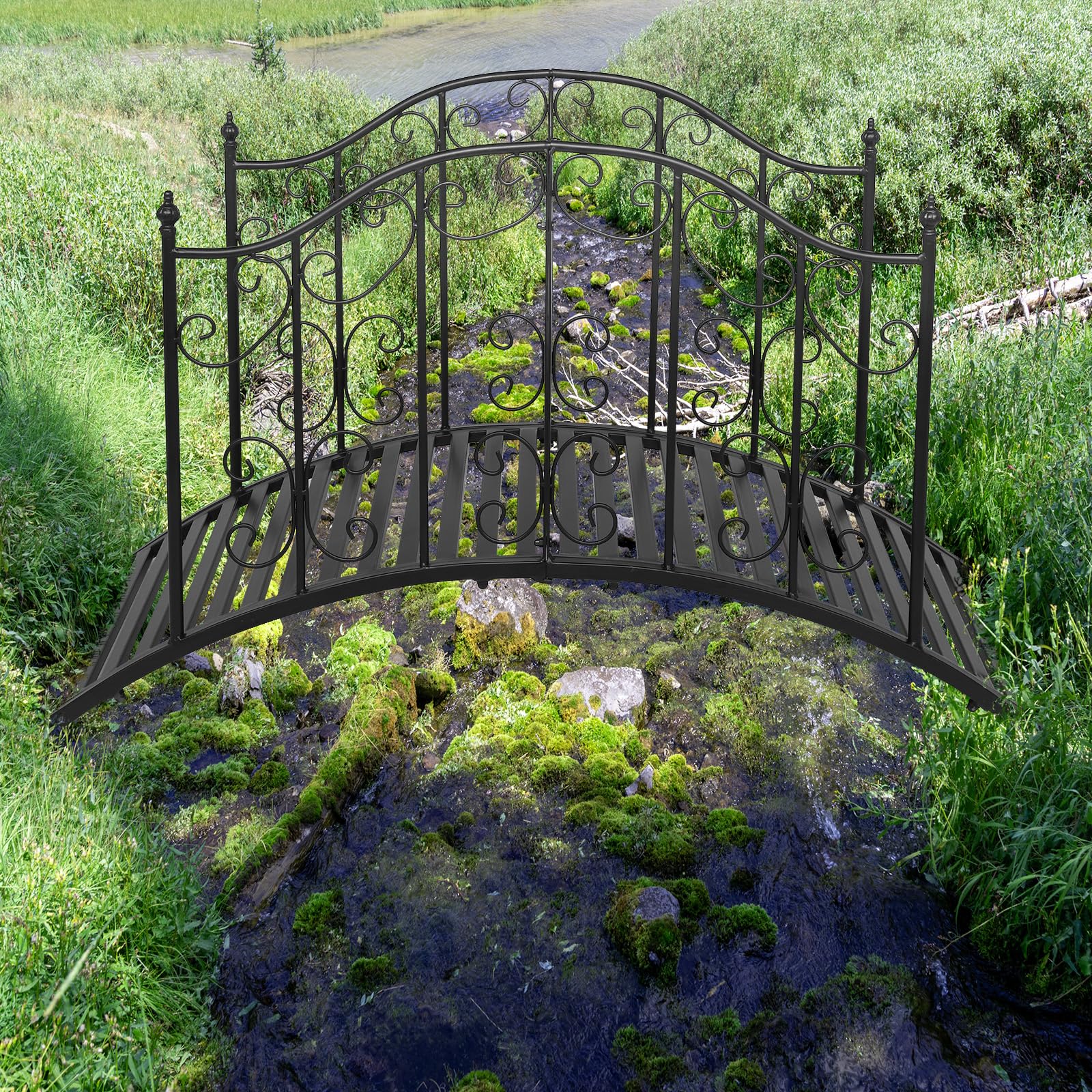 Bonnlo Gartenbrücke Metall 120cm, Teichbrücke mit kunstvoll gemustertem Geländer, Brücke Stabil und Wetterfest, bis 204 kg belastbar, Zierbrücke für Garten, Teich und Bach,Schwarz