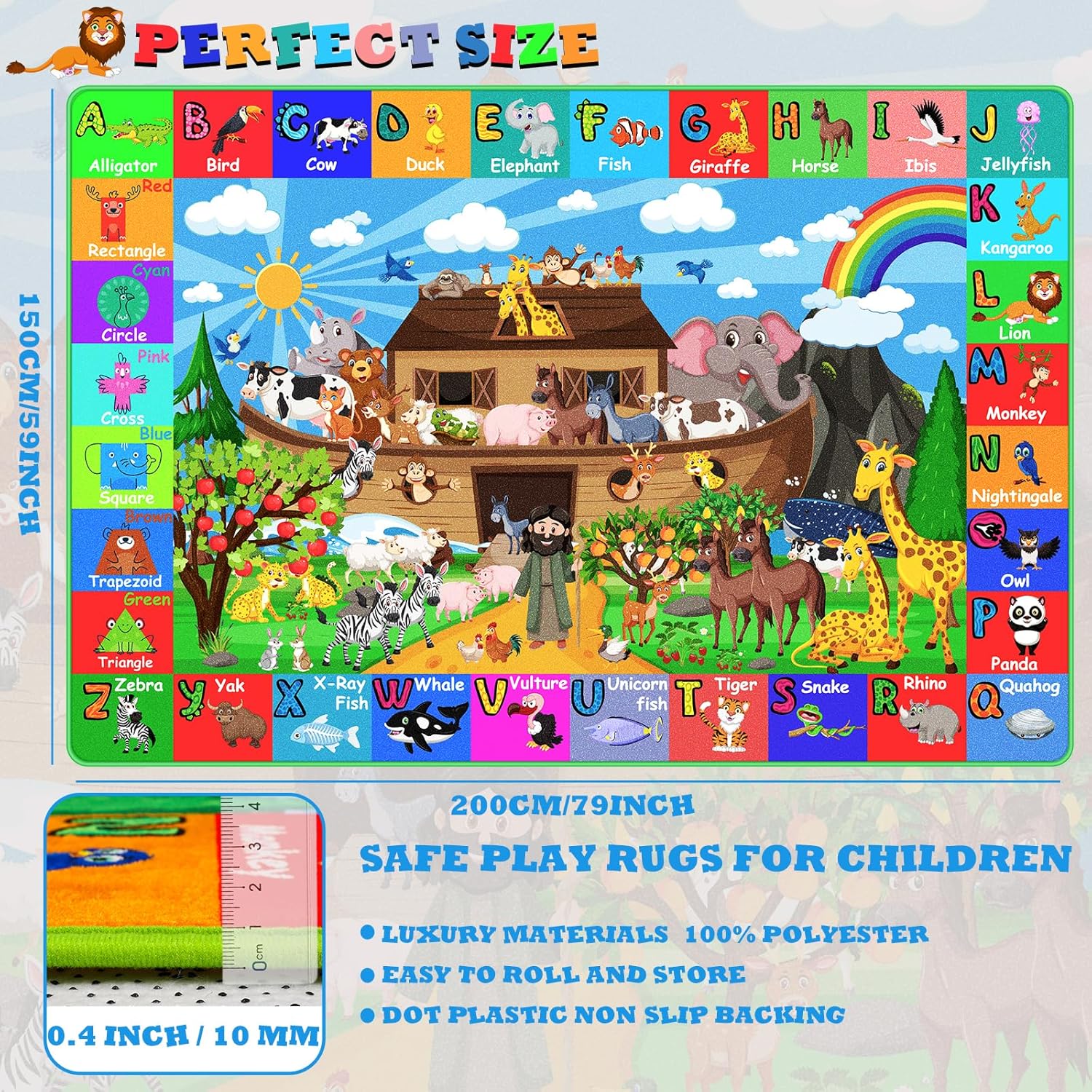 ABC Kids Rug for Playroom 78.7×59 in Noah's Ark Animals Rug Baby Play Mat Alphabet Playmat Shape Color Classroom Carpet Kids Playroom Early Learning Carpet for Preschool Toddlers Tummy Time