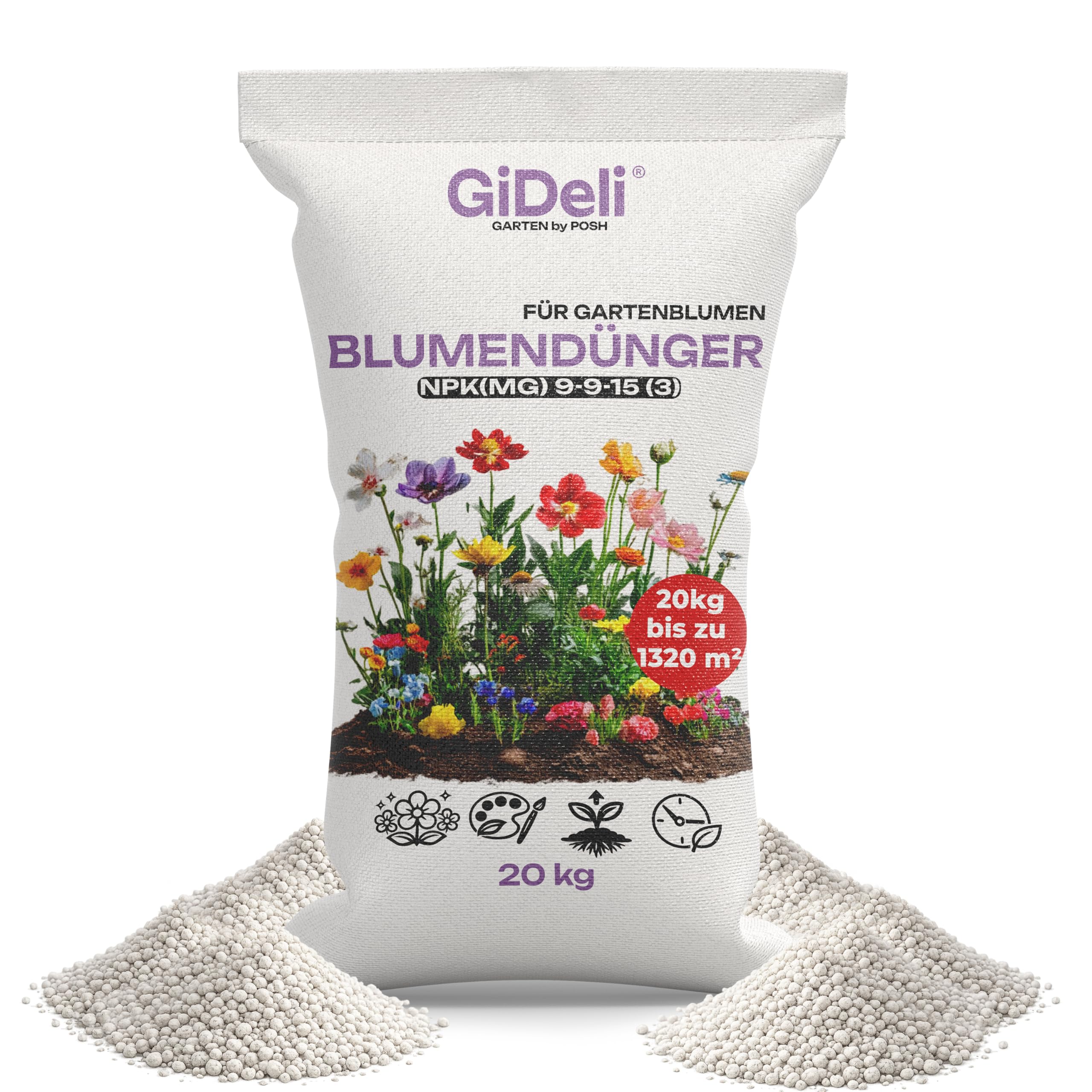 GiDeli Blumendünger Granulat 20 kg, Hortensiendünger und Rosendünger | Kaliumbetonte Blühformel NPK 9-9-15 mit Magnesium, Spurenelemente für intensive Blütenfarben, Betriebsvorrat für 1200 m²