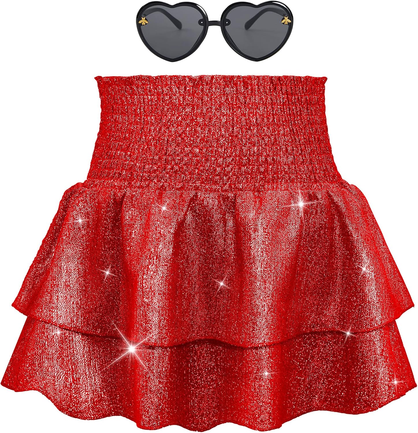 Century Star Metallic Sequin Sparkly Girls Skirts 2-Layer Ruffle Skirts with Sunglasses Elastic High Waist -Dance