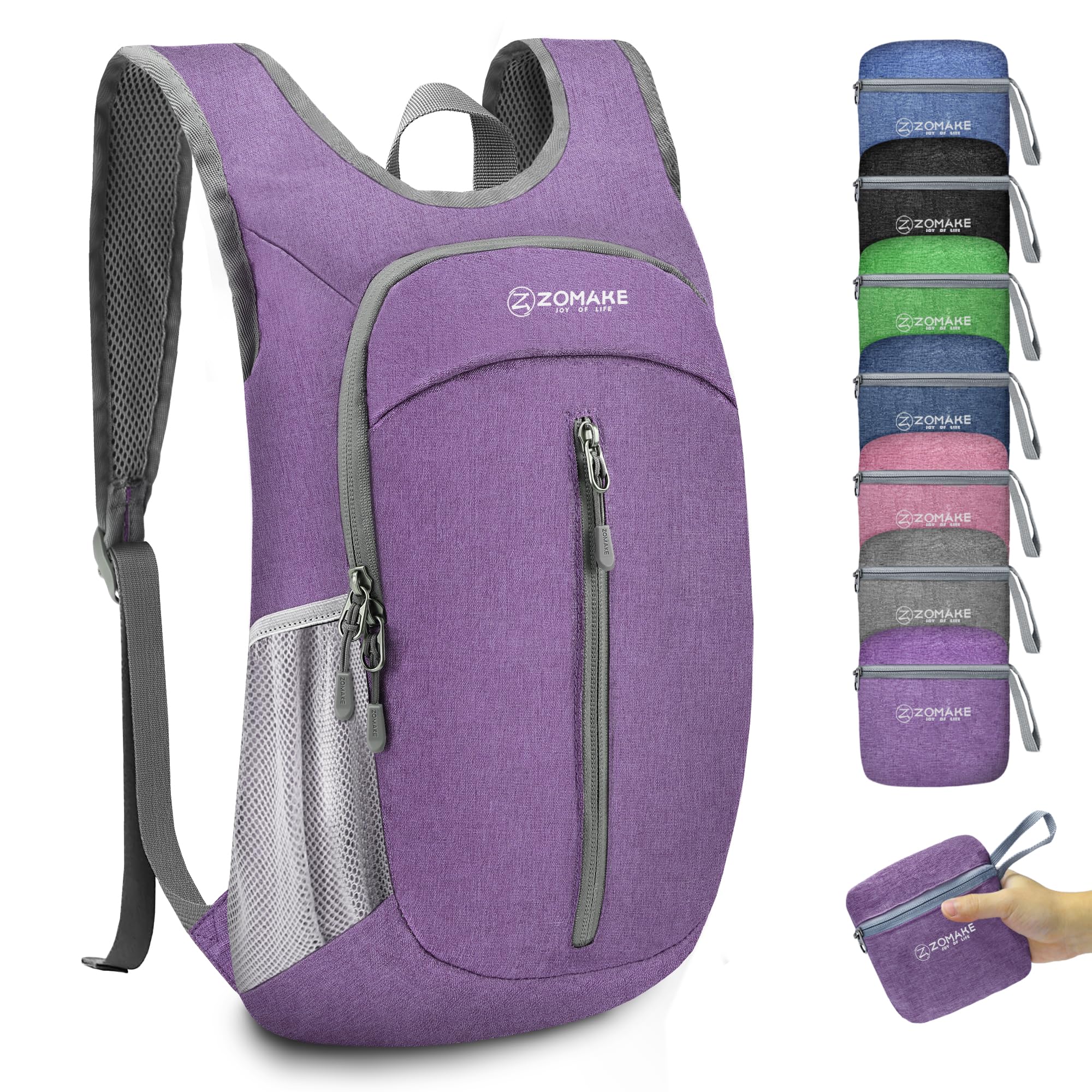 ZOMAKE 10L Ultra Lightweight Packable Backpack, Small Daypack Light Foldable Backpacks Water Resistant Day Bag for Hiking(Light Purple)