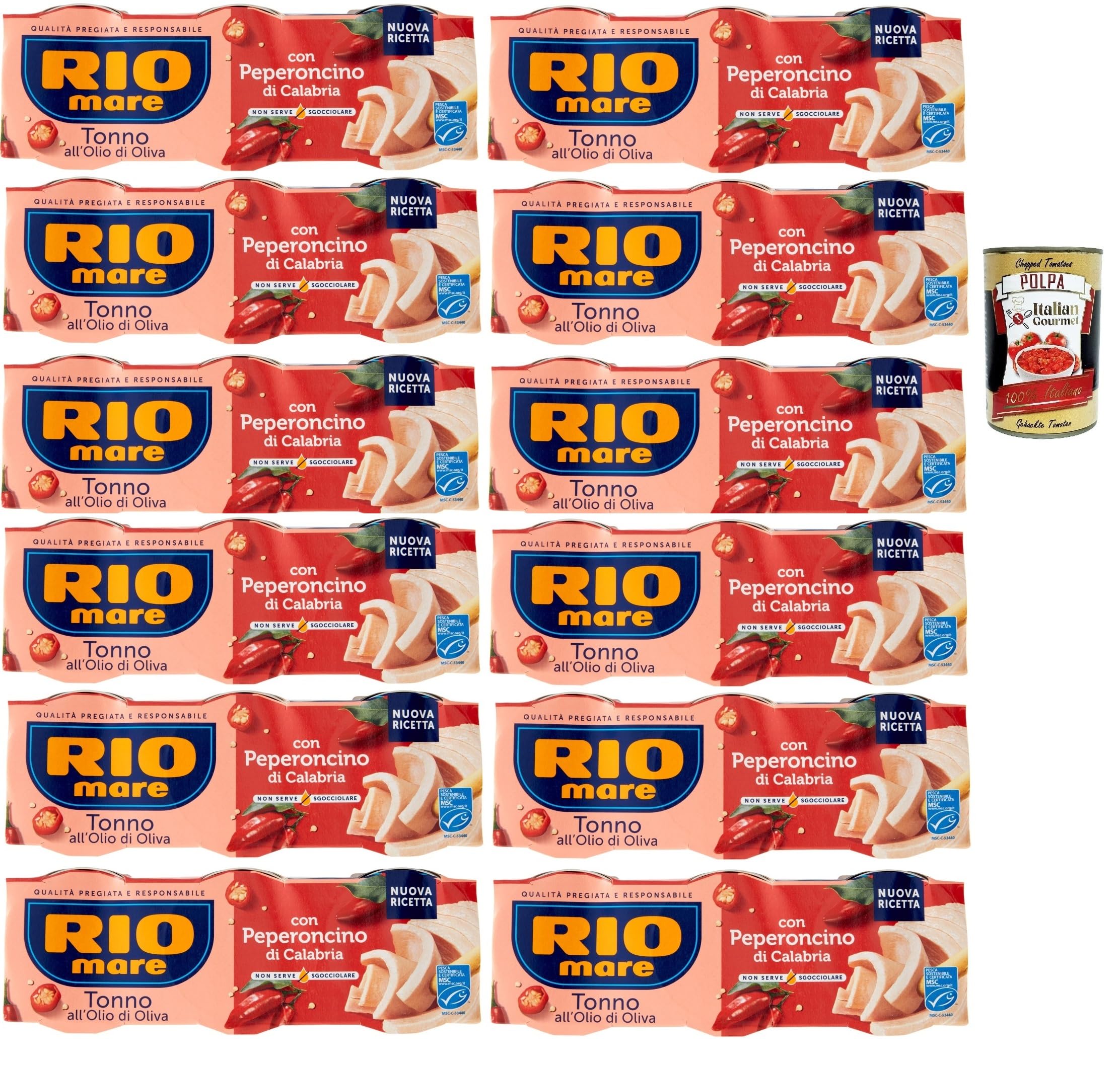 Italian Gourmet Bundle Thunfisch mit Chili 12x 3x 65g + Italian Gourmet Polpa Gratis – Italienischer Tonno in Olivenöl mit Peperoncino di Calabria, würziger Tuna Snack & Vorrat 2,34kg