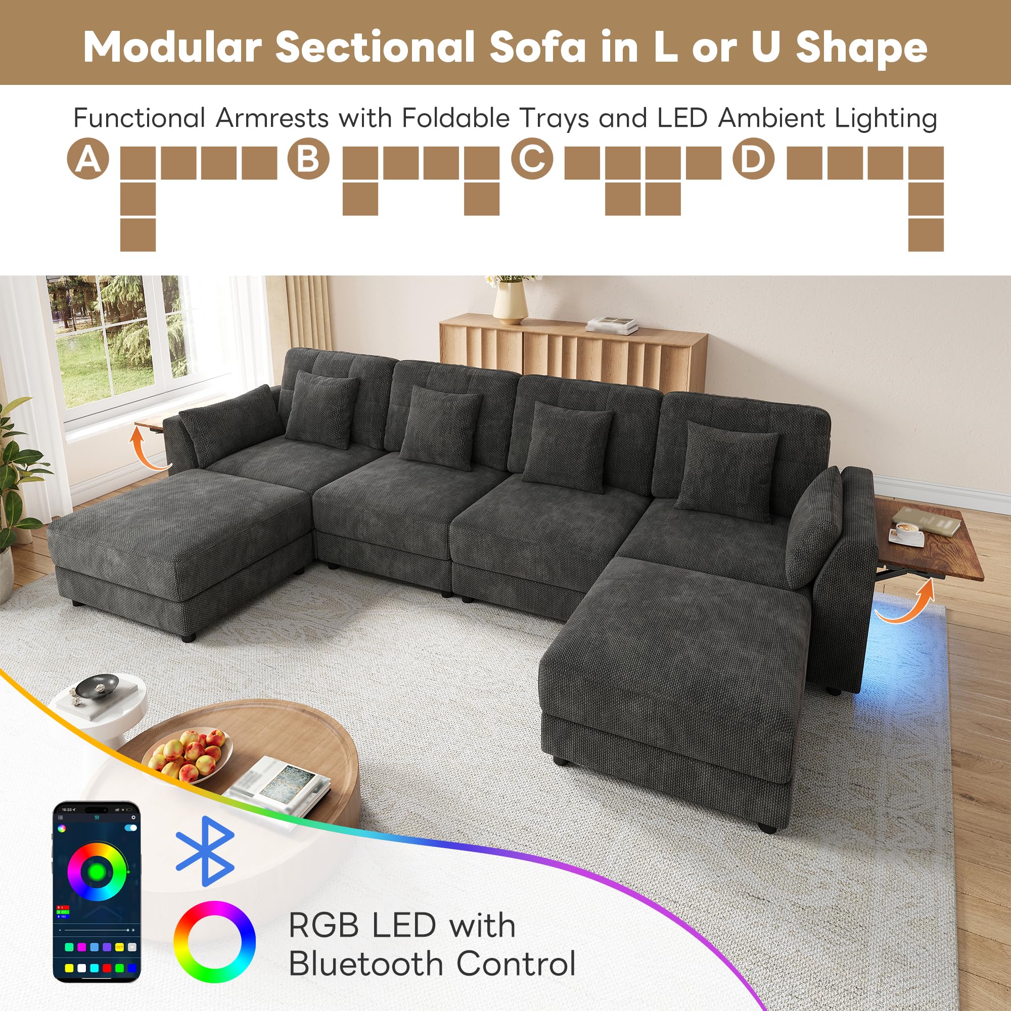 Canapé d'angle Convertible en U/L 6 Places avec 2 Poufs Mobiles, Canapé Modulable Panoramique, avec LED Et Tablette Rabattable, 6 Coussins, Chenille, 292 x 135 x 82 cm, pour Salon