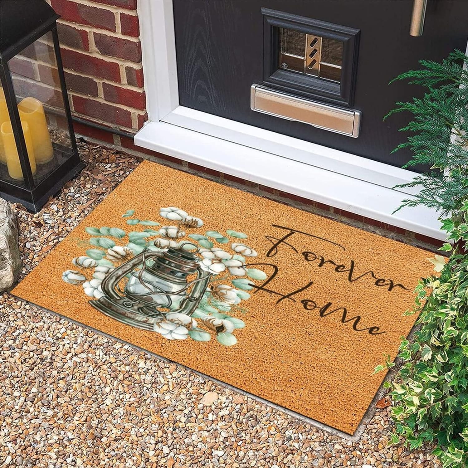 Coir Fiber Front Door Mat 24x35 Forever Home Watercolor Mason Jar Floral Rectangular Rug Mats Non-Slip Beautiful Cotton Flower in Vase Home Décor for Home Bathroom Apartment First Home Couple's Gift