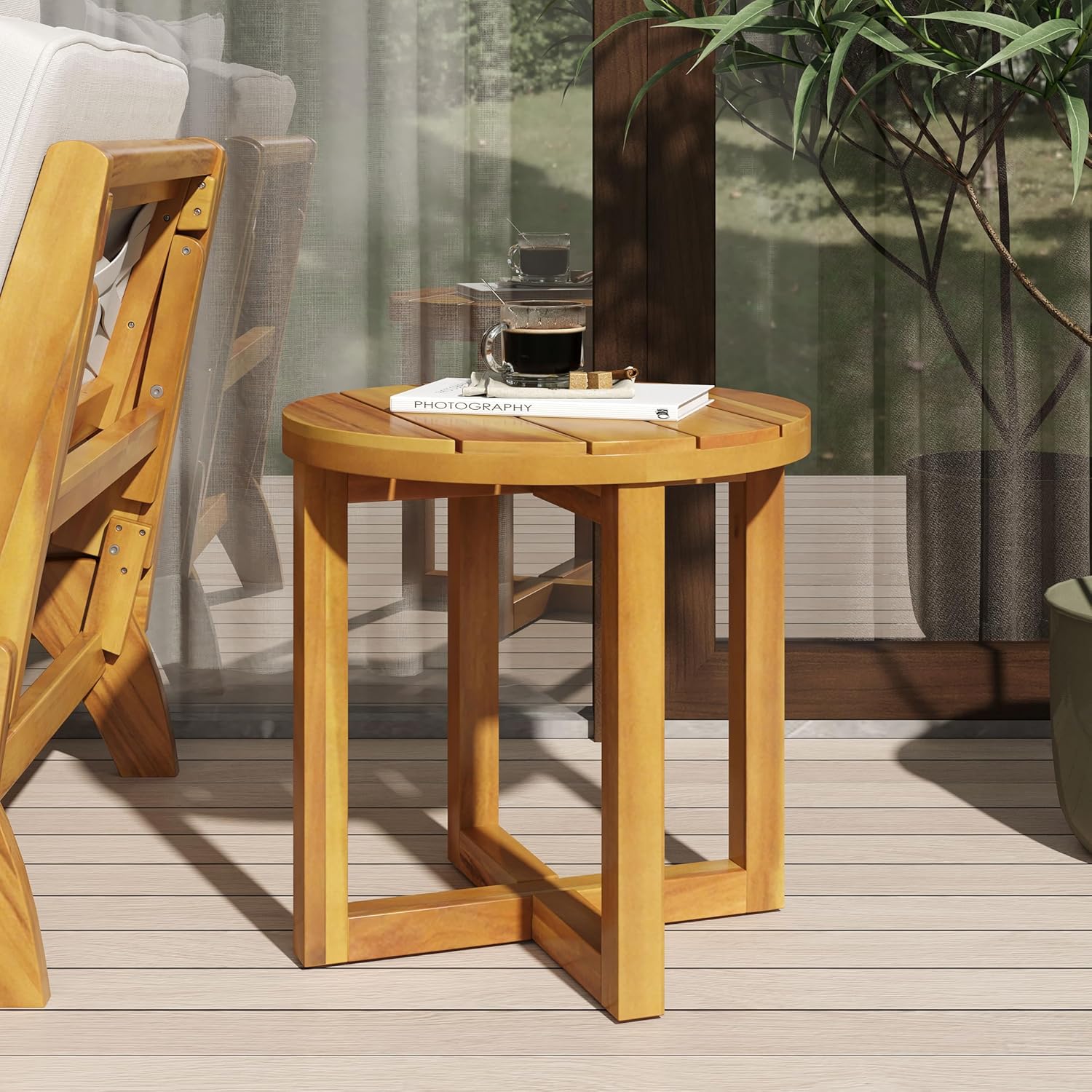 Merax Acacia Outdoor Wood Round Accent Side Table, Cross Base Design with Slat Detailing, Weather-Resistant, Teak