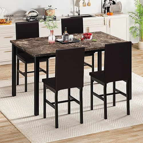 Miniatura 8 de Hooseng Juego de mesa de comedor de 5 piezas para 4, mesa de cocina de mármol sintético con sillas tapizadas, juego de mesa moderno para comedor,