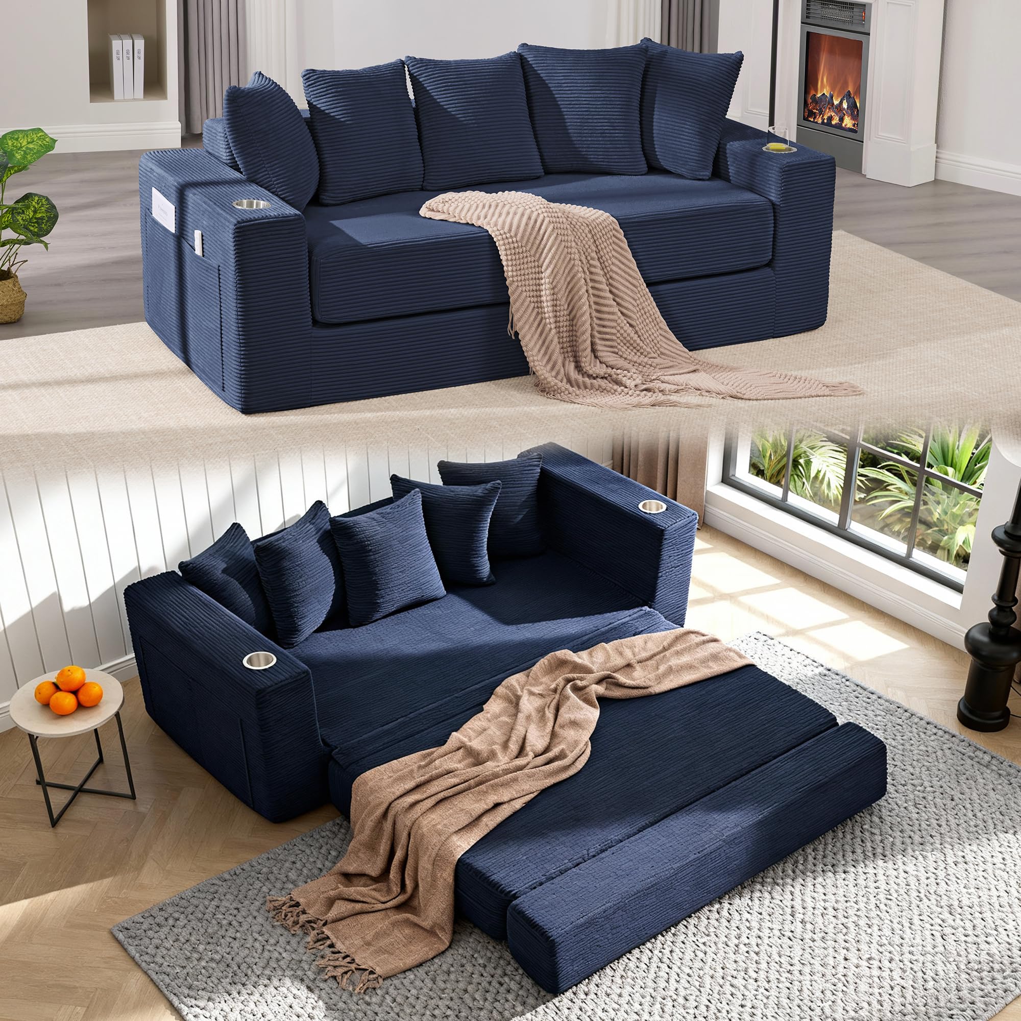 similar to 76" convertible sofa bed, 2-in-1 boneless sleeper sofa with cup holder & pocket, corduroy pull out couch with 5 pillows, couch bed for living room, small spaces, bedroom, no assembly