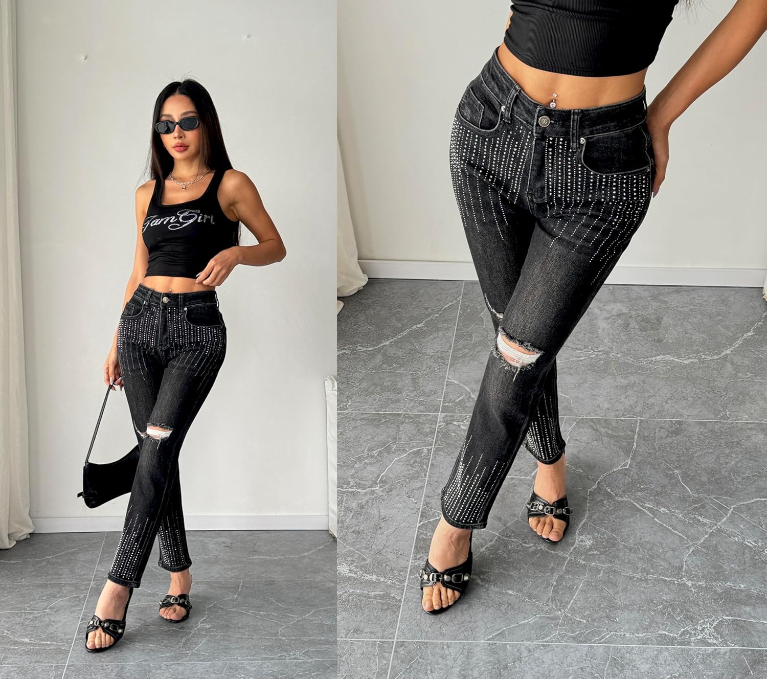 heipeiwa Women's Rhinestone Jeans Straight Denim Pants High Waist Sparkle Shiny Sequin Ripped Distressed Jean - Image 5