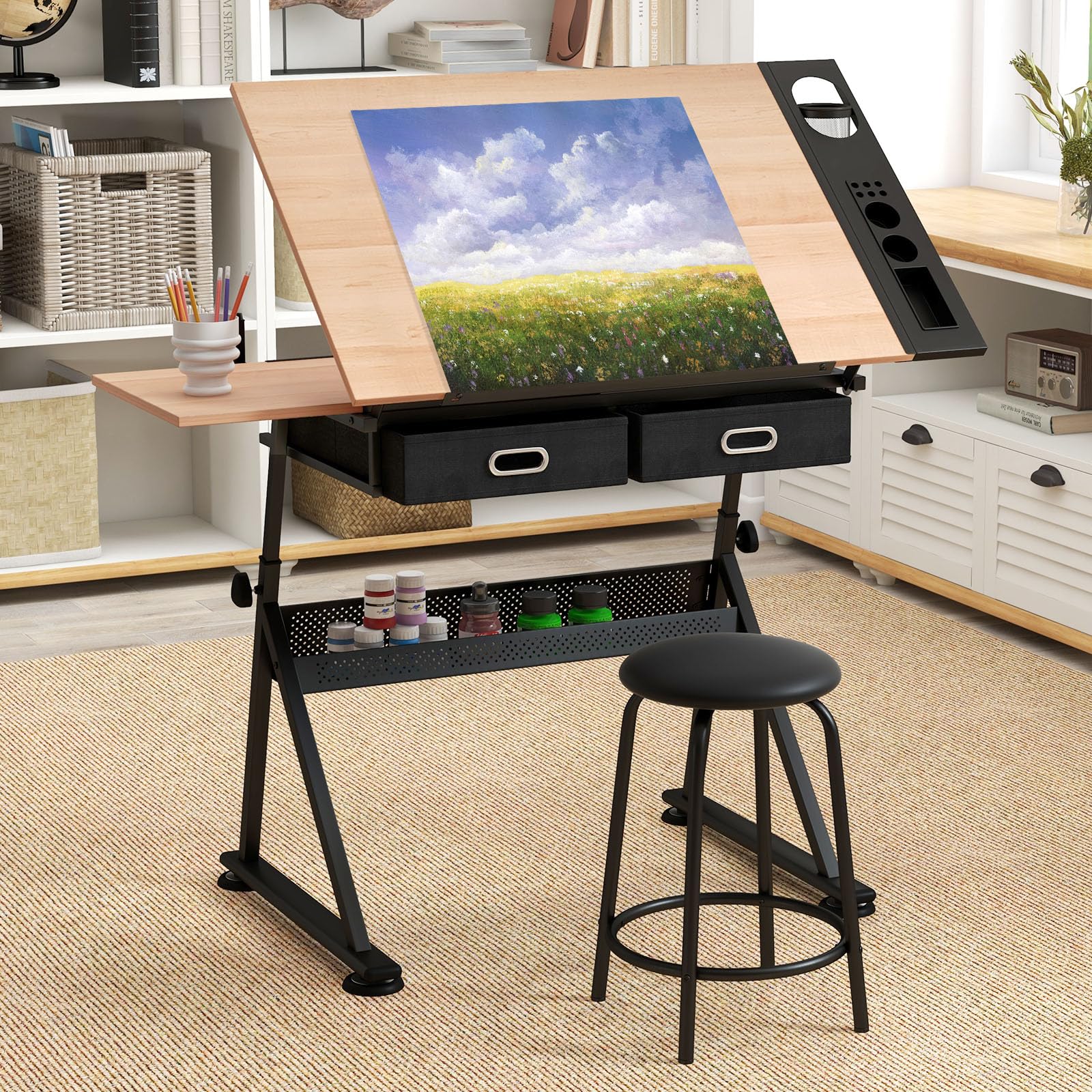 GYMAX Tavolo da Disegno Regolabile in Altezza, Scrivania Regolabile in Inclinazione, Tavolo per Dipingere con Sgabello, 119 x 60 x (73,5-98) cm (NATURALE)