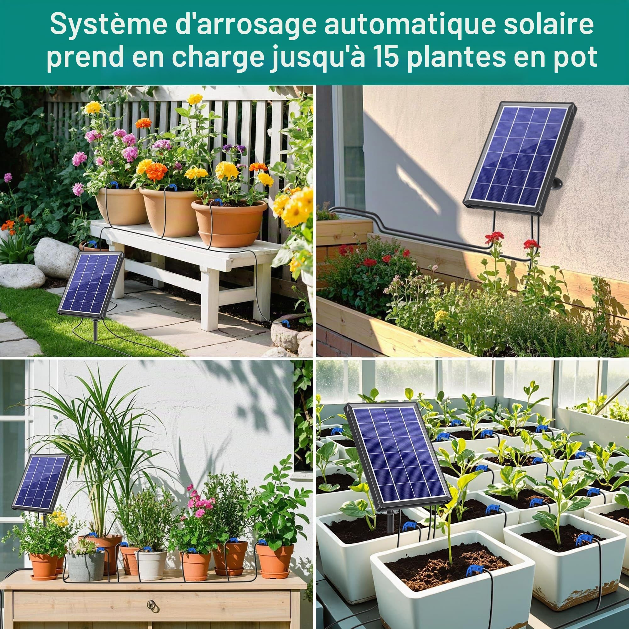 Biling Système d'irrigation solaire de jardin, irrigation automatique, 15 à 20 plantes en pot, avec panneau de 3,5 W, tuyau de 15 m, pour balcon, jardin, serre, irrigation de vacances, système