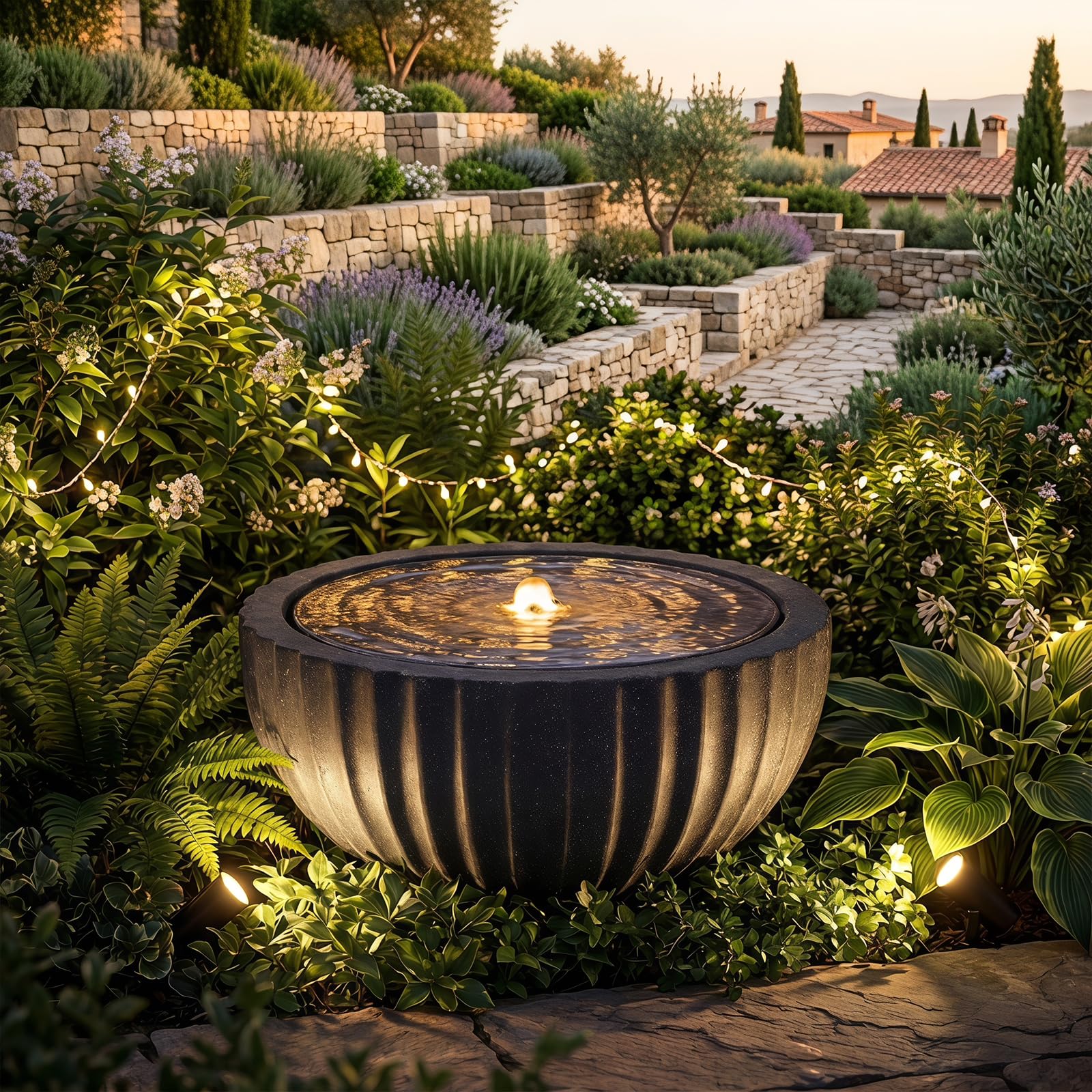GYMAX Fuente de Jardín Redonda,Fuente Decorativa | Fuente de Agua con Iluminación LED, Bomba Ajustable y Resina Resistente para Salón, Patio y Terraza, 45 x 23,5 cm