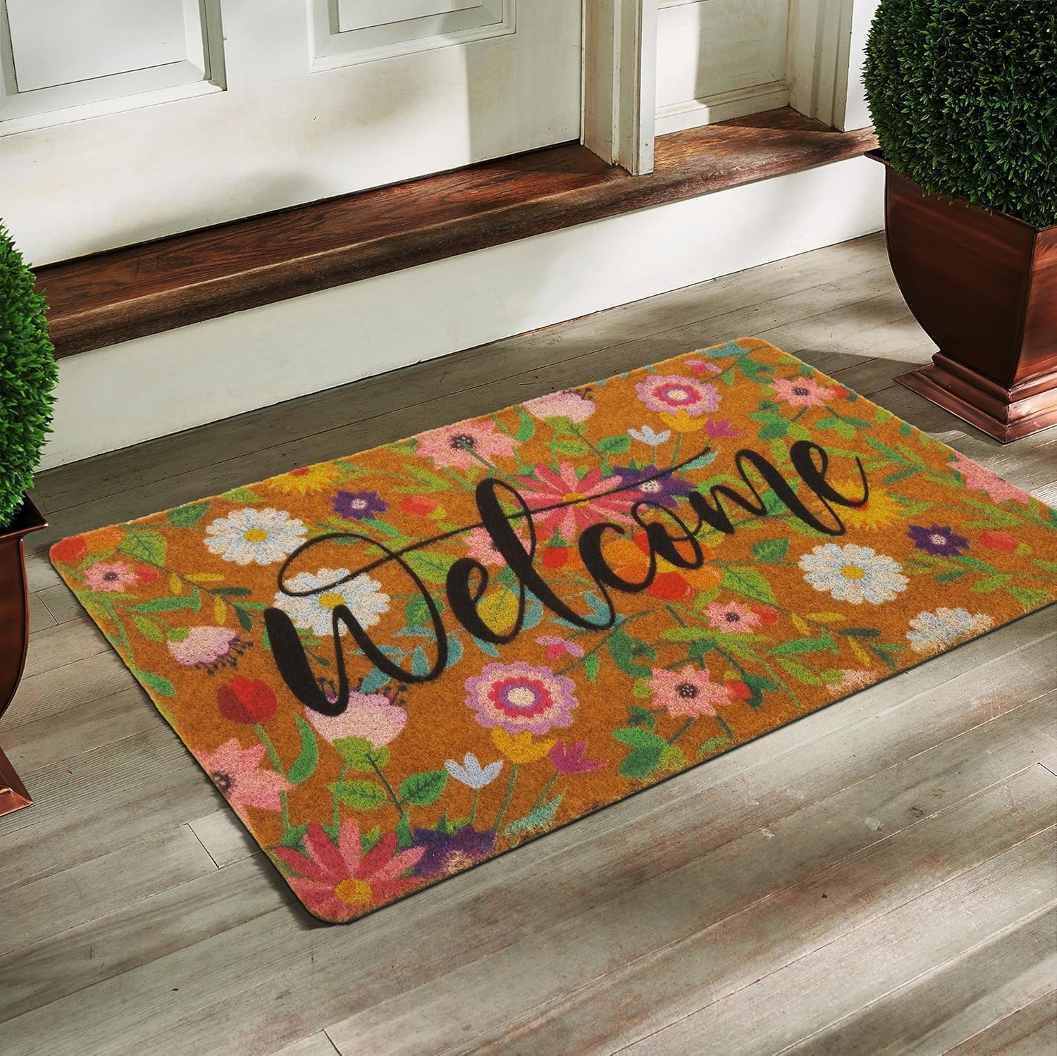 Floral Welcome Mats Flower Coir Door Mat Colorful Spring Door Mat Indoor Entrance Cute Decorative Outdoor Doormats Non Slip Outside Door Mats for Front Door Rugs 17 * 30"