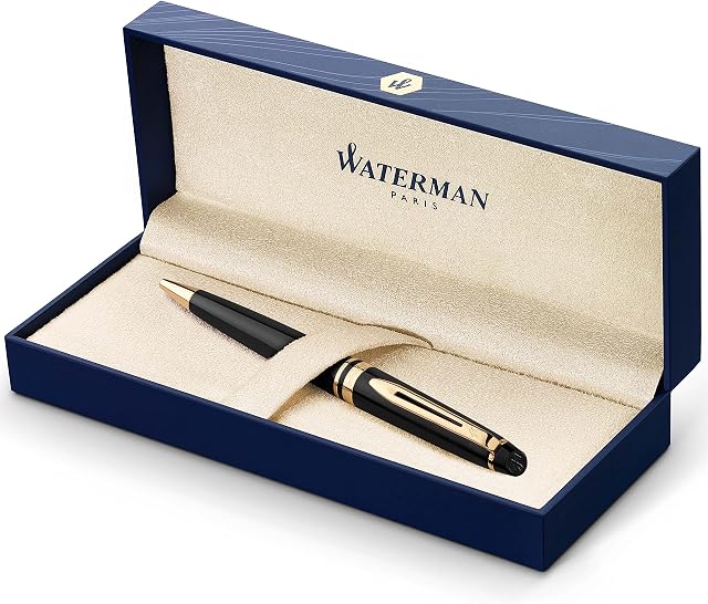 Waterman Expert Ballpoint Pen | Gloss Black with 23k Gold Trim | Medium Tip | Blue Ink | Gift Box