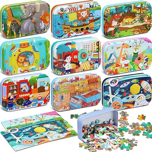 Miniatura 6 de Libima Rompecabezas de 9 cajas de recuerdos de fiesta en una caja de metal para edades de 4 a 8 años, rompecabezas de madera para niños y niñas de 4