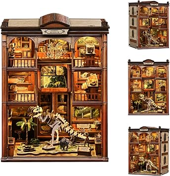 Book Nook Kit for Adults & Teens Dinosaur Fossil Museum DIY Miniature Bookend, 3D Wooden Puzzle Bookshelf Insert with LED Light, Miniature House Craft Kit for Gifts & Decor