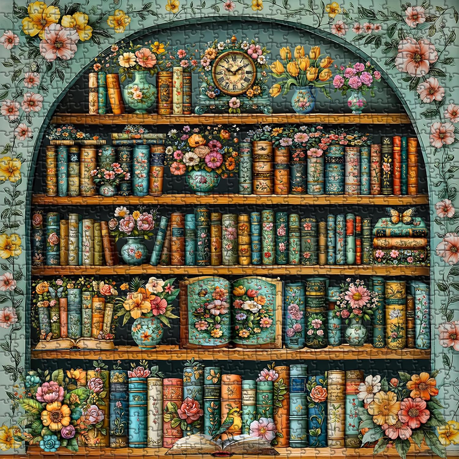 Vintage Bookshelf Puzzles for Adults 1000 Pieces, Flower Blooming Bookshelf Jigsaw Puzzle Library, Wildflower Pages Puzzle Retro Floral Botanical Aesthetic Art, Difficult Hard Challenging image 2