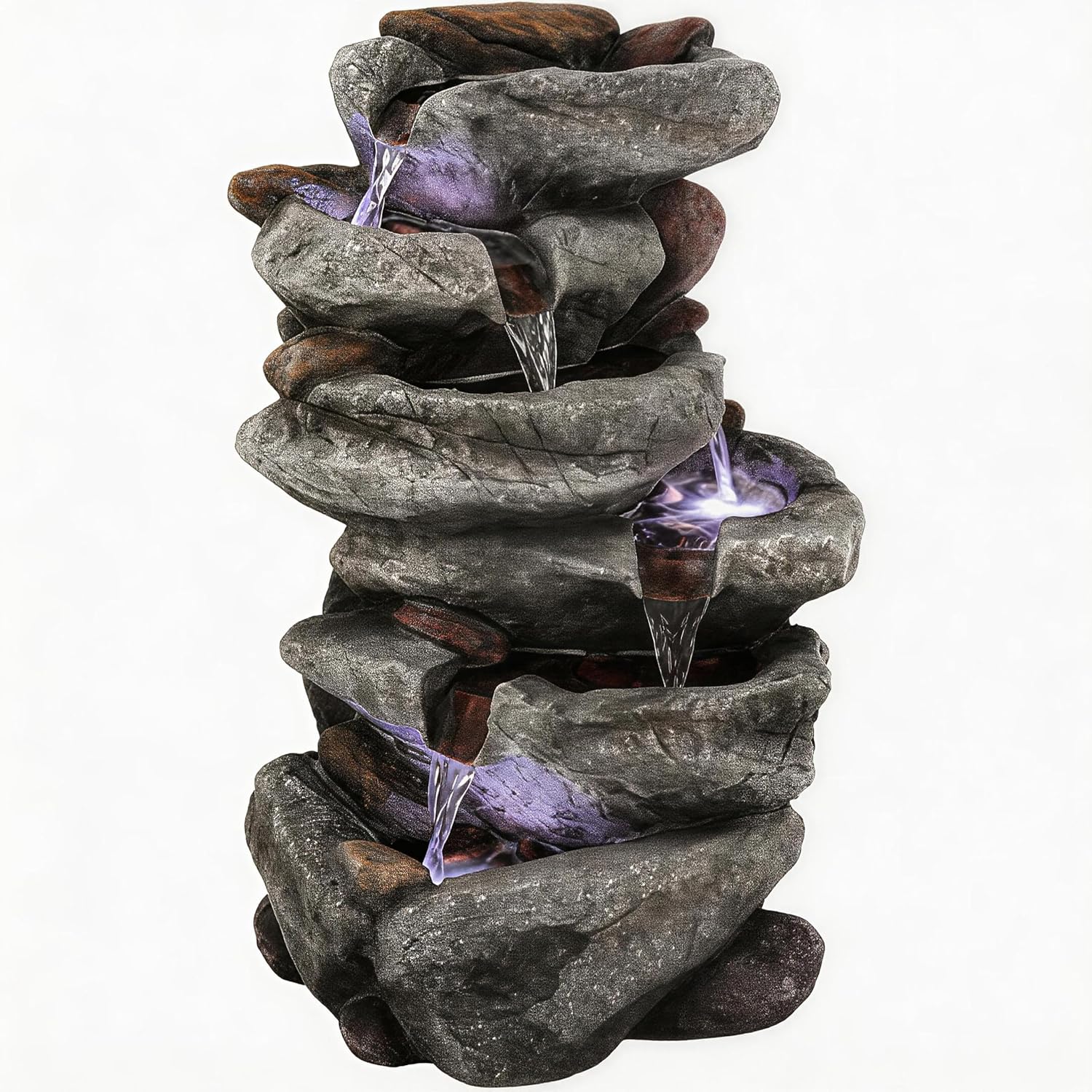 20" H Outdoor Water Fountain with LED Lights, 5-Tier Cascading Rock Waterfall for Garden Patio Yard, Weather-Resistant Polyresin Water Feature for Tranquil Zen Oasis
