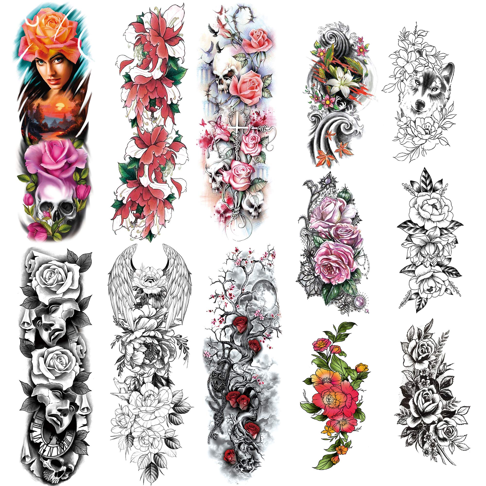 Buy Flower Temporary Tattoos Sleeve, Peony Lily Rose Full Sleeve